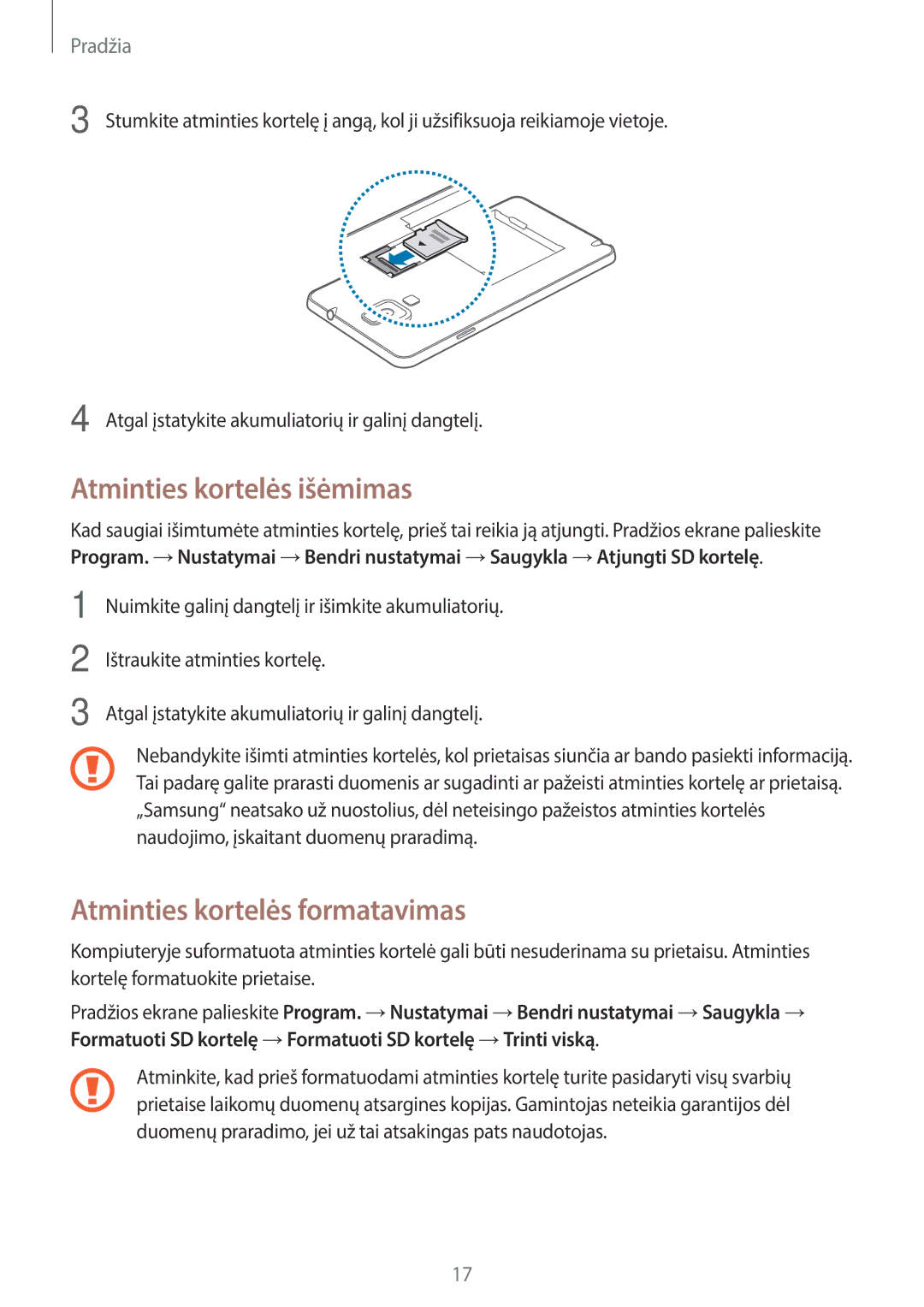 Samsung SM-N7505ZWASEB, SM-N7505ZKASEB manual Atminties kortelės išėmimas, Atminties kortelės formatavimas 