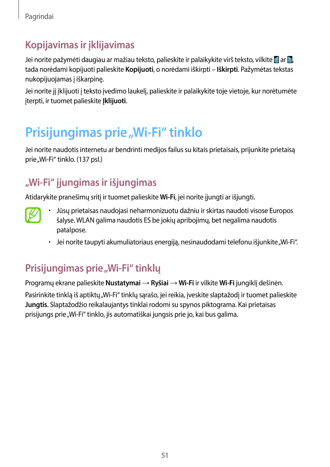 Samsung SM-N7505ZWASEB manual Prisijungimas prie„Wi-Fi tinklo, Kopijavimas ir įklijavimas, „Wi-Fi įjungimas ir išjungimas 