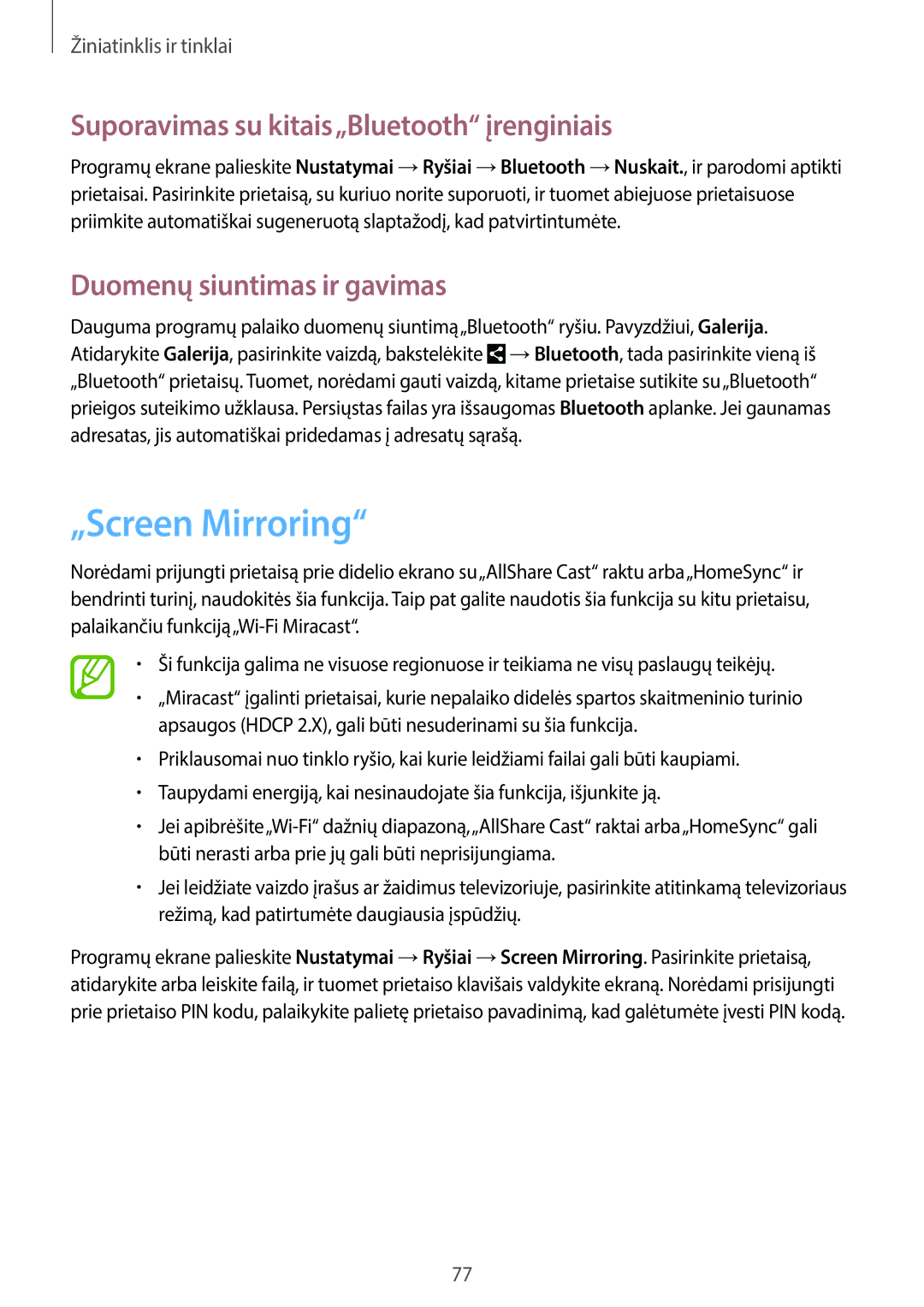 Samsung SM-N7505ZWASEB manual „Screen Mirroring, Suporavimas su kitais„Bluetooth įrenginiais, Duomenų siuntimas ir gavimas 