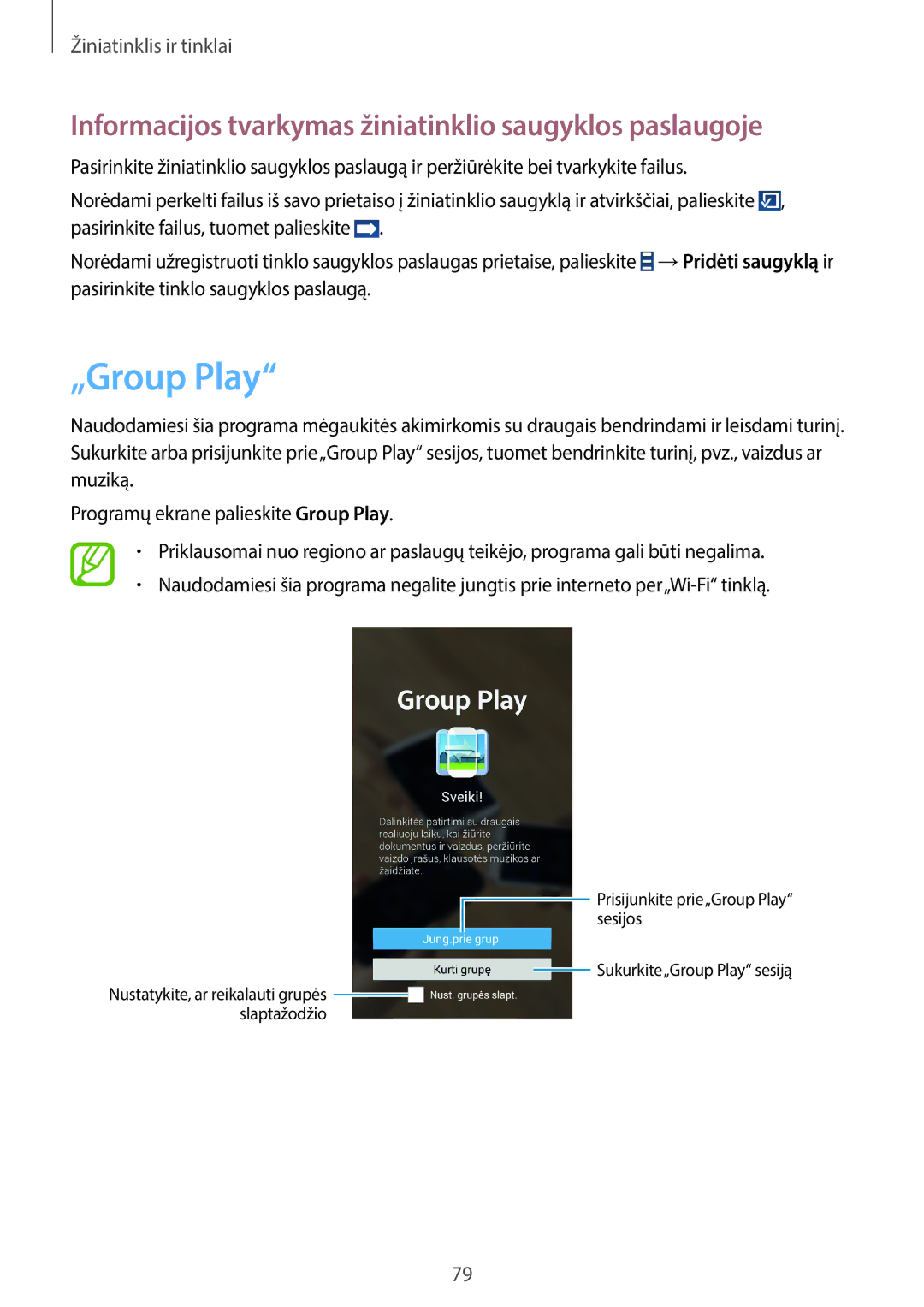 Samsung SM-N7505ZWASEB, SM-N7505ZKASEB manual „Group Play, Informacijos tvarkymas žiniatinklio saugyklos paslaugoje 