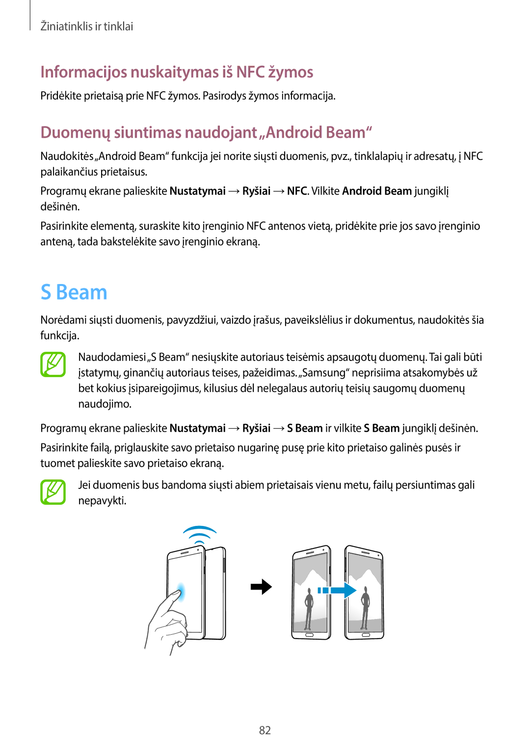 Samsung SM-N7505ZKASEB, SM-N7505ZWASEB Informacijos nuskaitymas iš NFC žymos, Duomenų siuntimas naudojant„Android Beam 