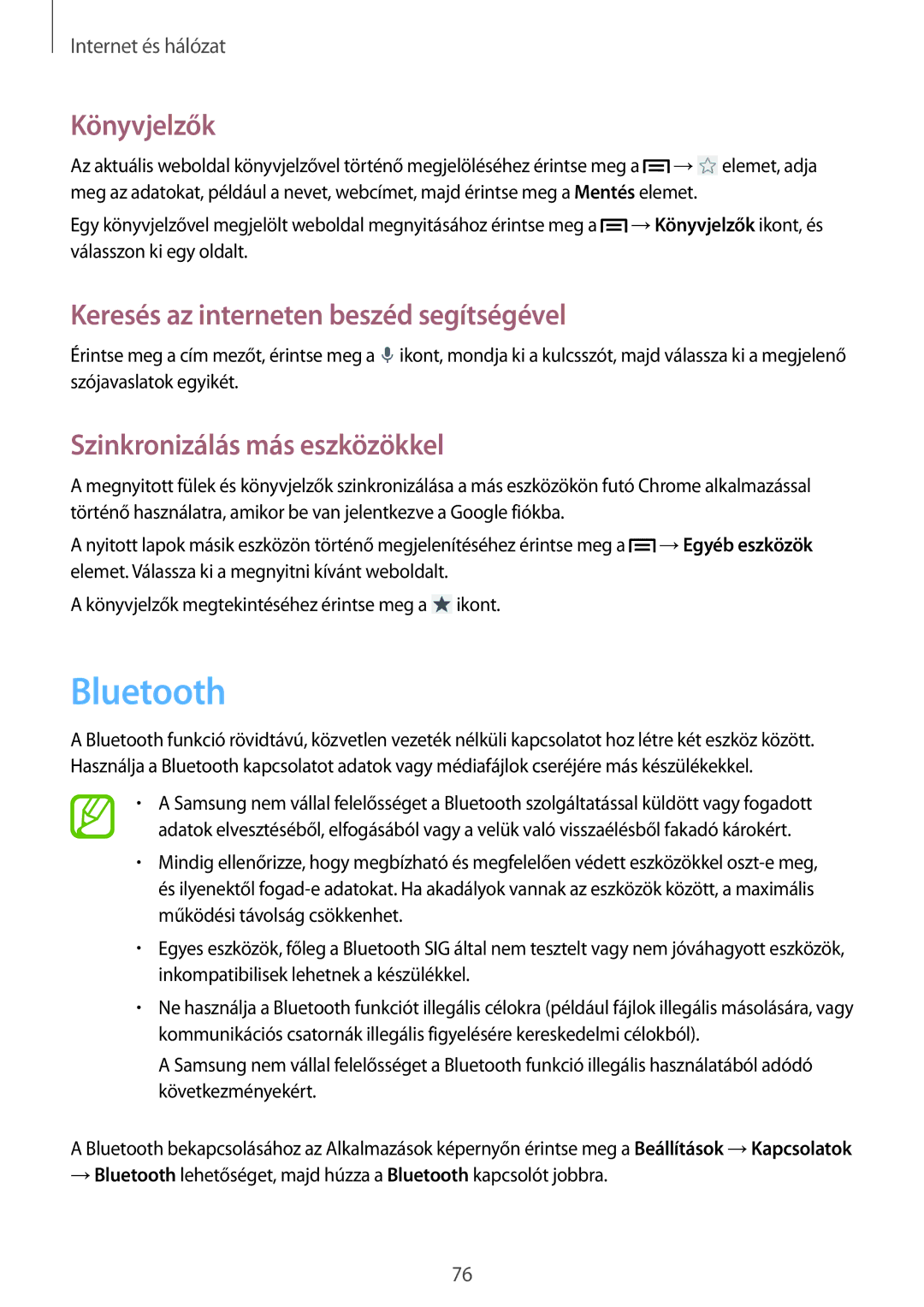 Samsung SM-N7505ZWAXEH manual Bluetooth, Keresés az interneten beszéd segítségével, Szinkronizálás más eszközökkel 