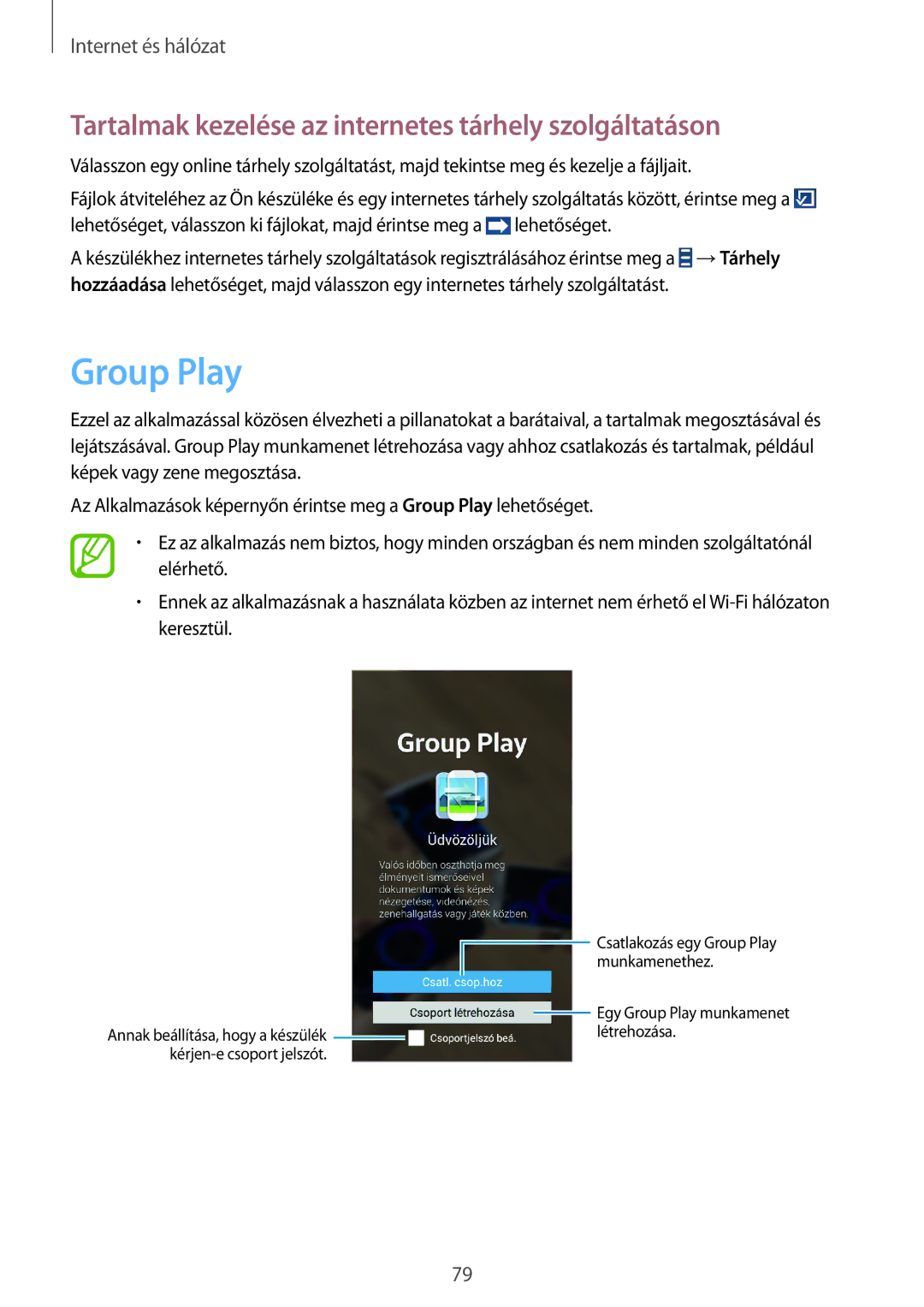 Samsung SM-N7505ZWAORX, SM-N7505ZKAXEO, SM-N7505ZKASWC Group Play, Tartalmak kezelése az internetes tárhely szolgáltatáson 