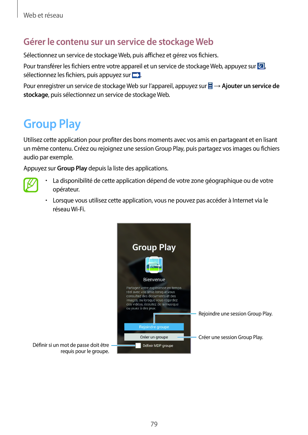 Samsung SM-N7505ZWGSFR, SM-N7505ZKGSFR, SM-N7505ZWGXEF manual Group Play, Gérer le contenu sur un service de stockage Web 