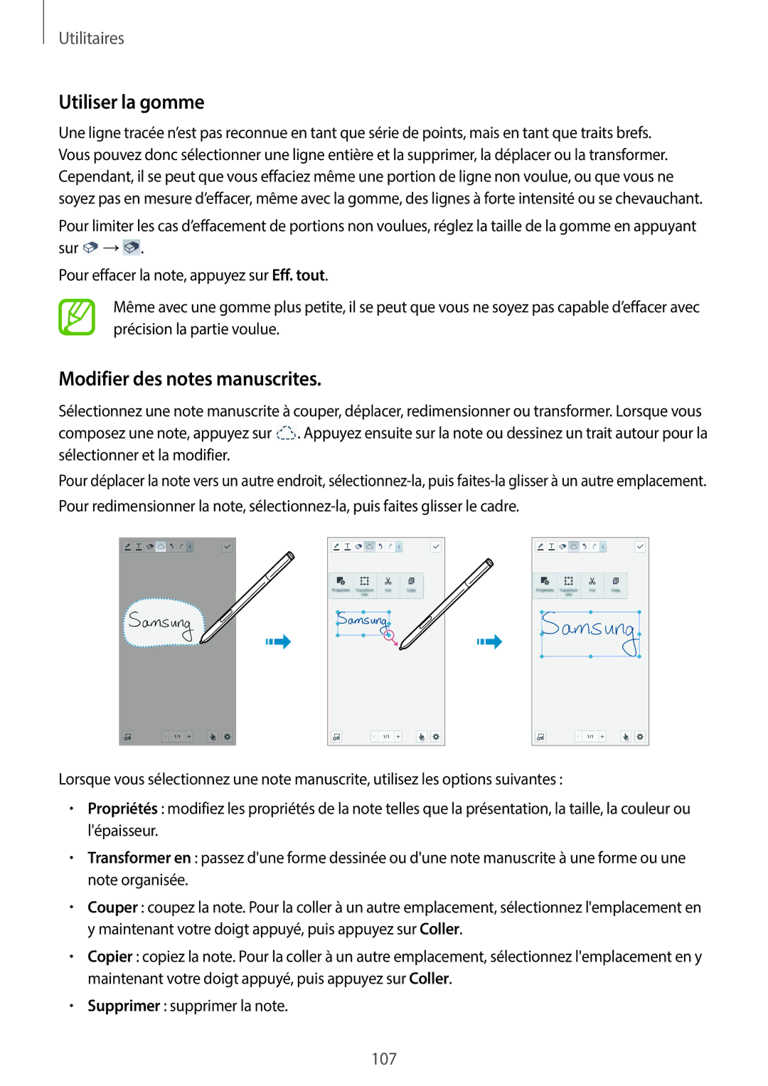 Samsung SM-N7505ZWGSFR, SM-N7505ZKGSFR, SM-N7505ZWGXEF, SM-N7505ZKGXEF Utiliser la gomme, Modifier des notes manuscrites 