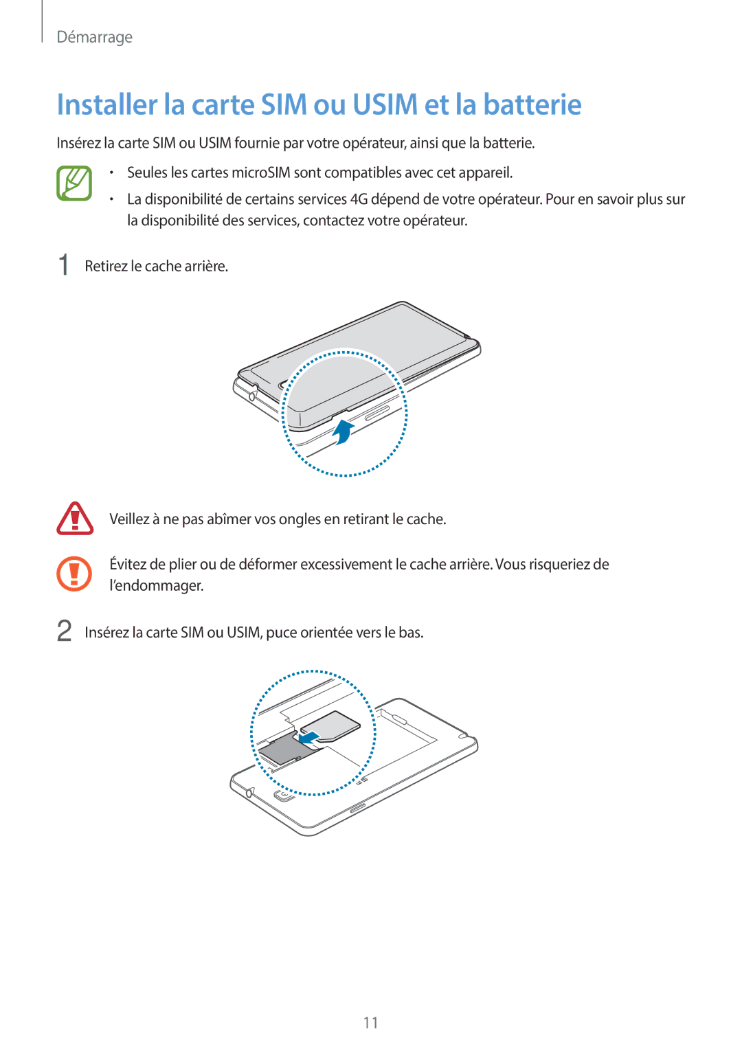 Samsung SM-N7505ZKGBOG, SM-N7505ZKGSFR, SM-N7505ZWGXEF, SM-N7505ZWGSFR manual Installer la carte SIM ou Usim et la batterie 