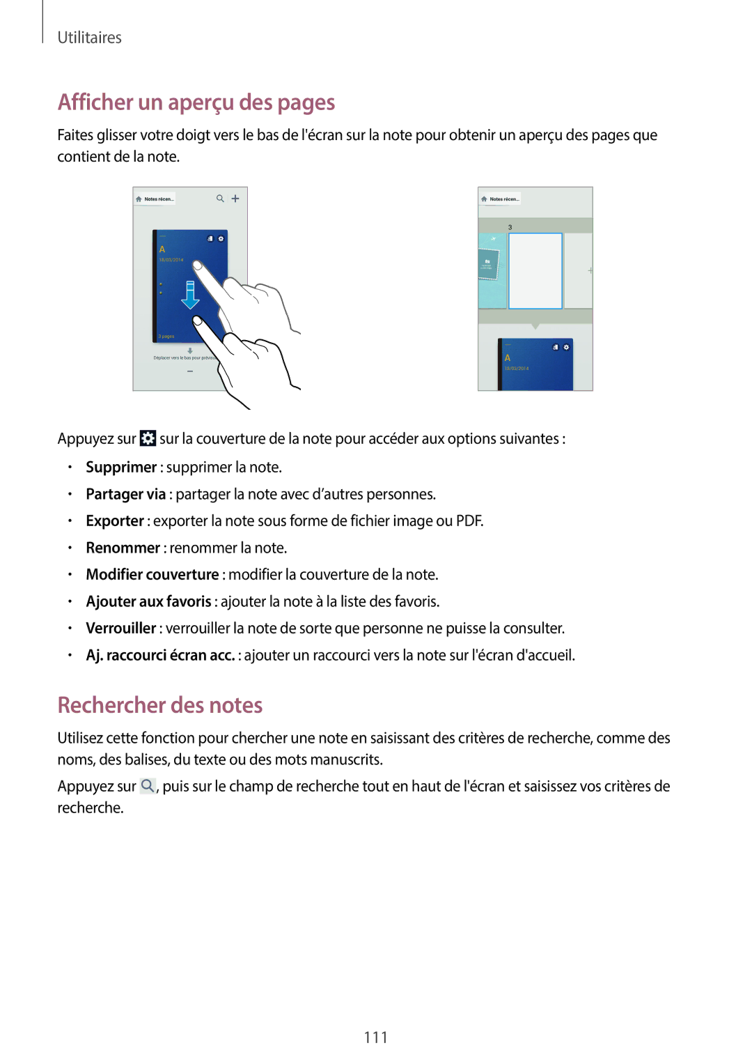 Samsung SM-N7505ZKAXEF, SM-N7505ZKGSFR, SM-N7505ZWGXEF, SM-N7505ZWGSFR Afficher un aperçu des pages, Rechercher des notes 