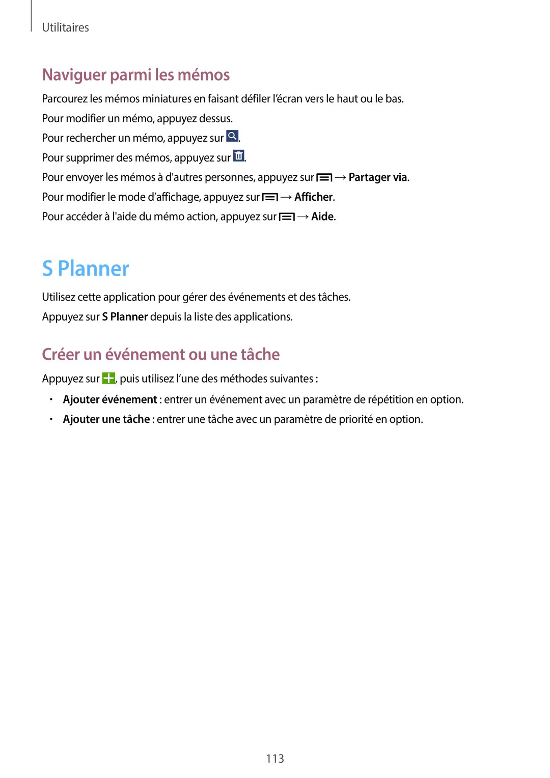 Samsung SM-N7505ZWGXEF, SM-N7505ZKGSFR manual Planner, Naviguer parmi les mémos, Créer un événement ou une tâche, →Aide 