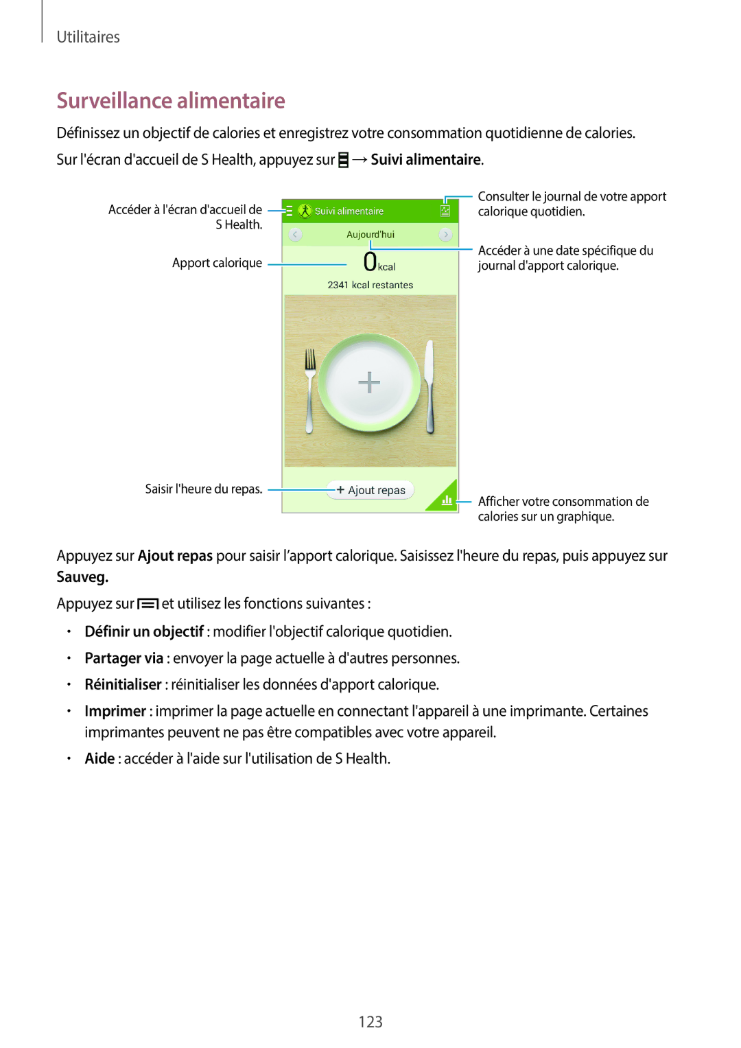 Samsung SM-N7505ZKGBOG, SM-N7505ZKGSFR, SM-N7505ZWGXEF, SM-N7505ZWGSFR, SM-N7505ZKGXEF manual Surveillance alimentaire, Sauveg 