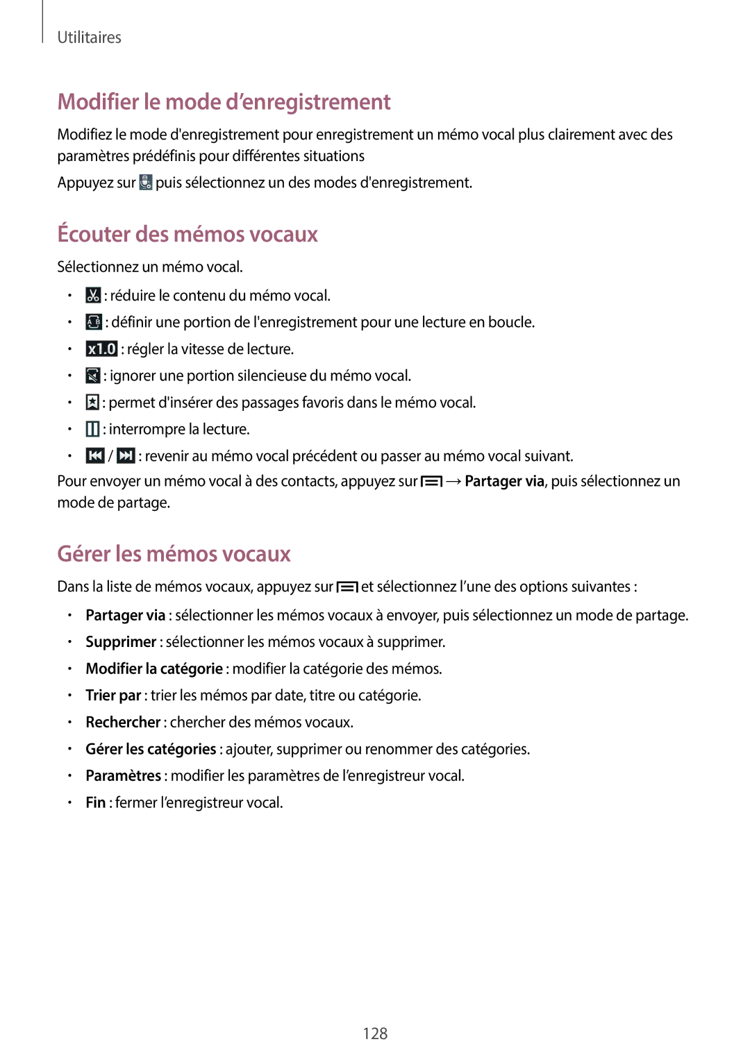 Samsung SM-N7505ZWGSFR, SM-N7505ZKGSFR Modifier le mode d’enregistrement, Écouter des mémos vocaux, Gérer les mémos vocaux 