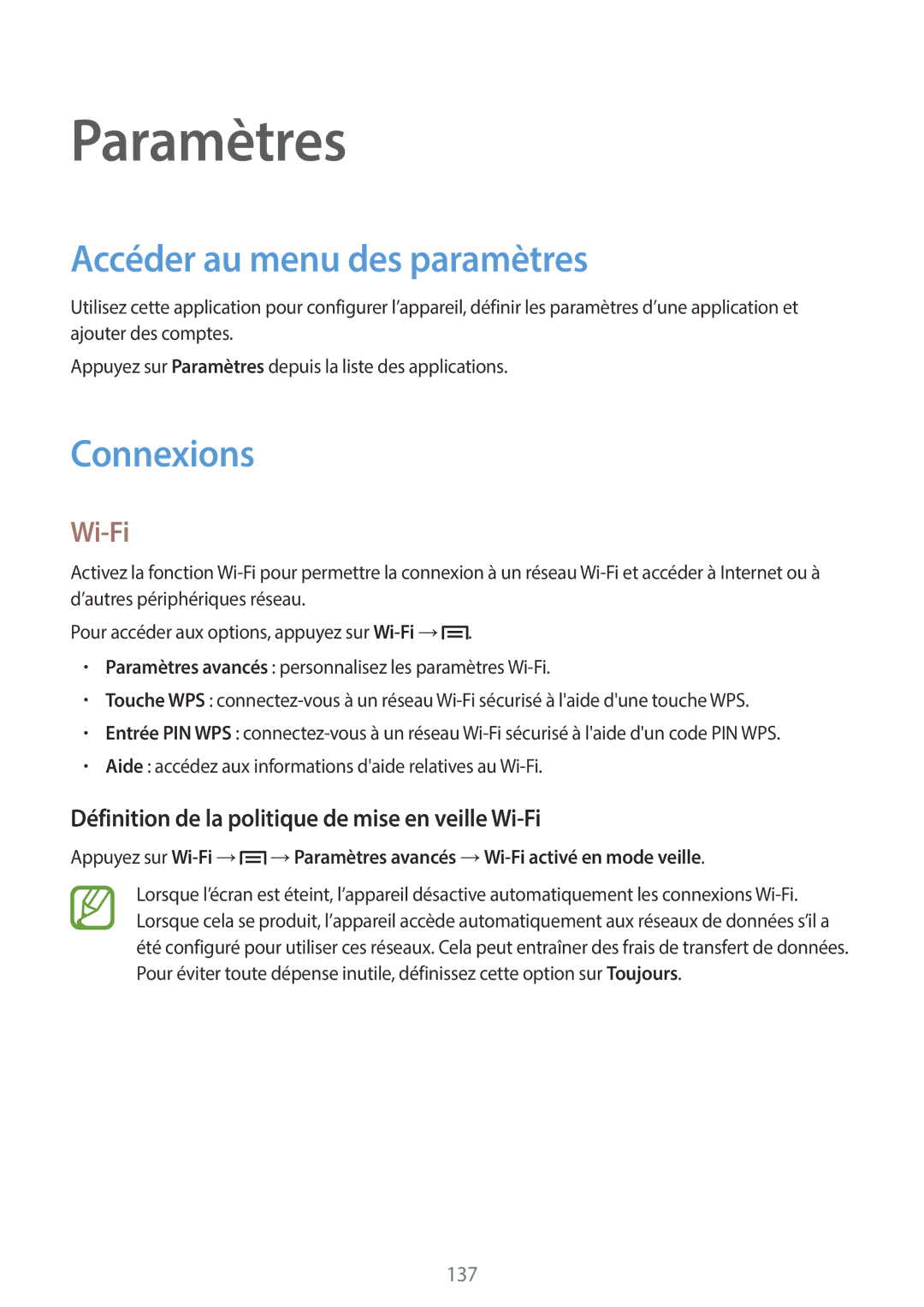 Samsung SM-N7505ZKGBOG, SM-N7505ZKGSFR, SM-N7505ZWGXEF, SM-N7505ZWGSFR Accéder au menu des paramètres, Connexions, Wi-Fi 