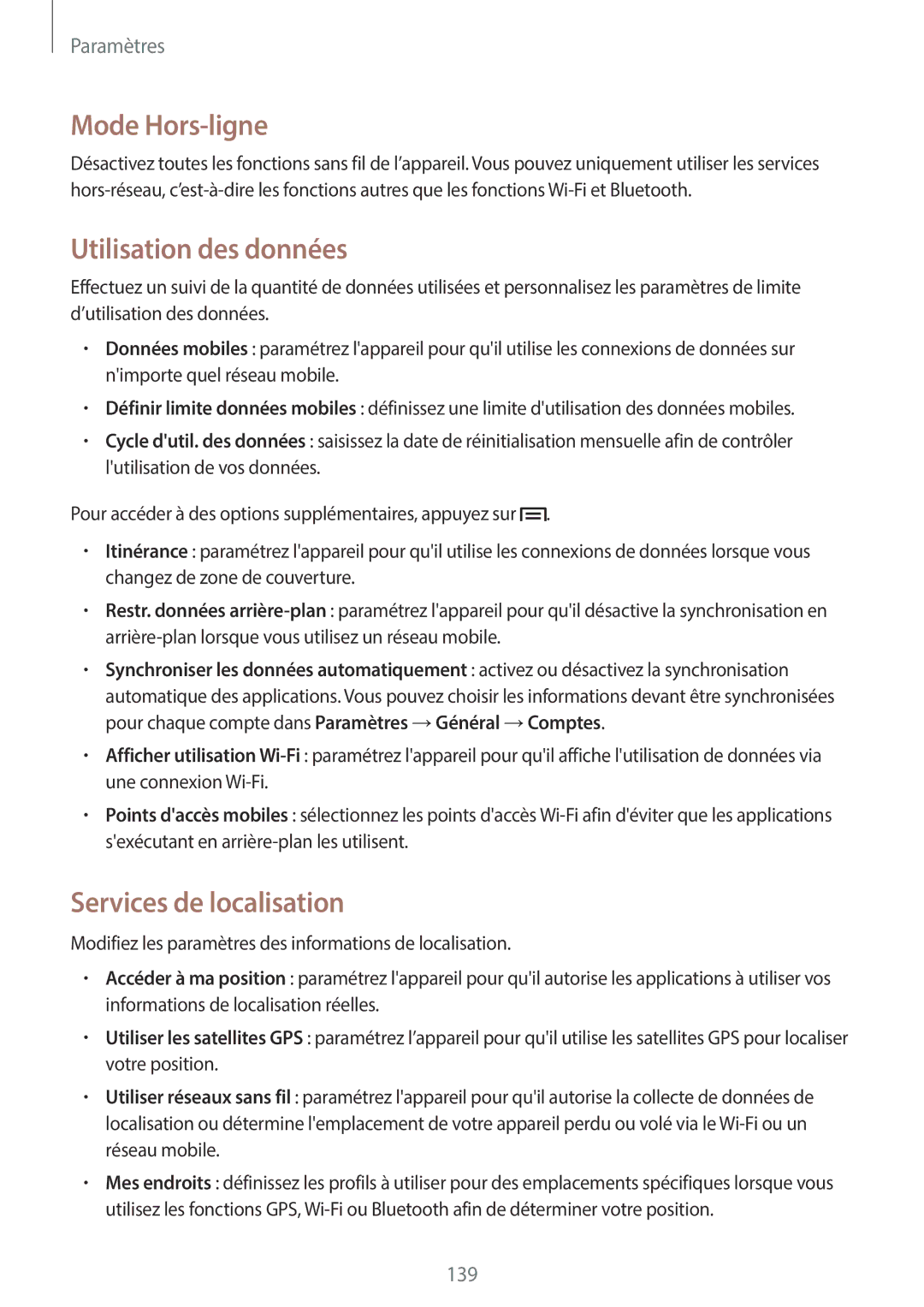 Samsung SM-N7505ZKAXEF, SM-N7505ZKGSFR, SM-N7505ZWGXEF Mode Hors-ligne, Utilisation des données, Services de localisation 