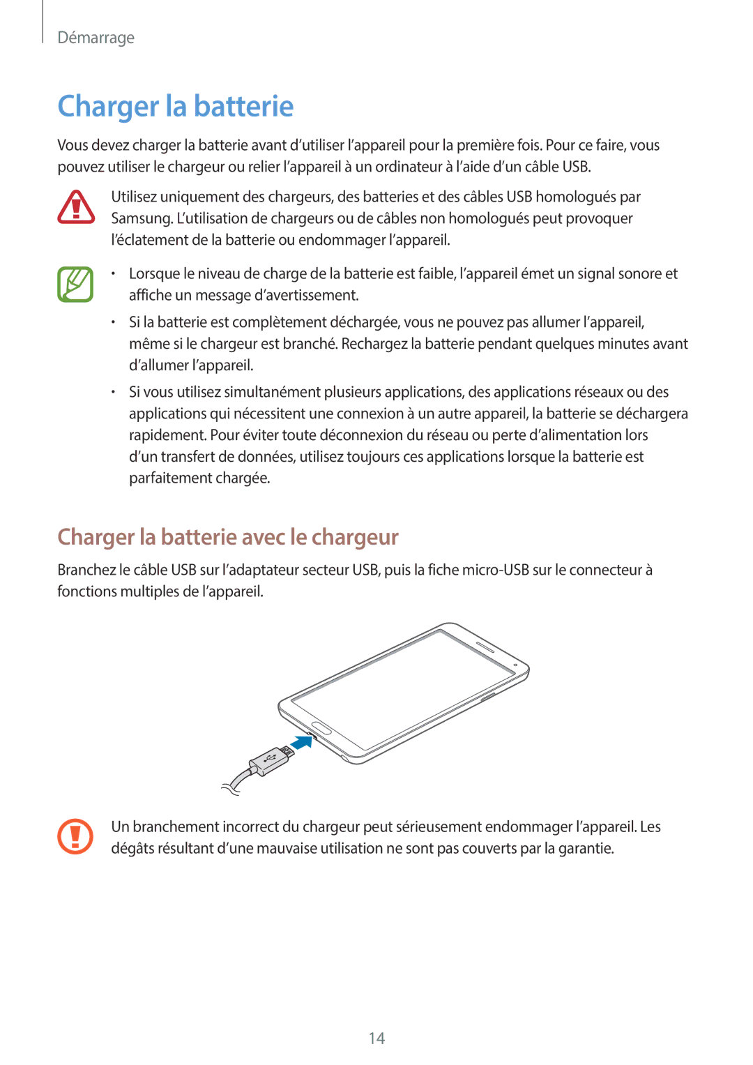 Samsung SM-N7505ZKGSFR, SM-N7505ZWGXEF, SM-N7505ZWGSFR, SM-N7505ZKGXEF manual Charger la batterie avec le chargeur 