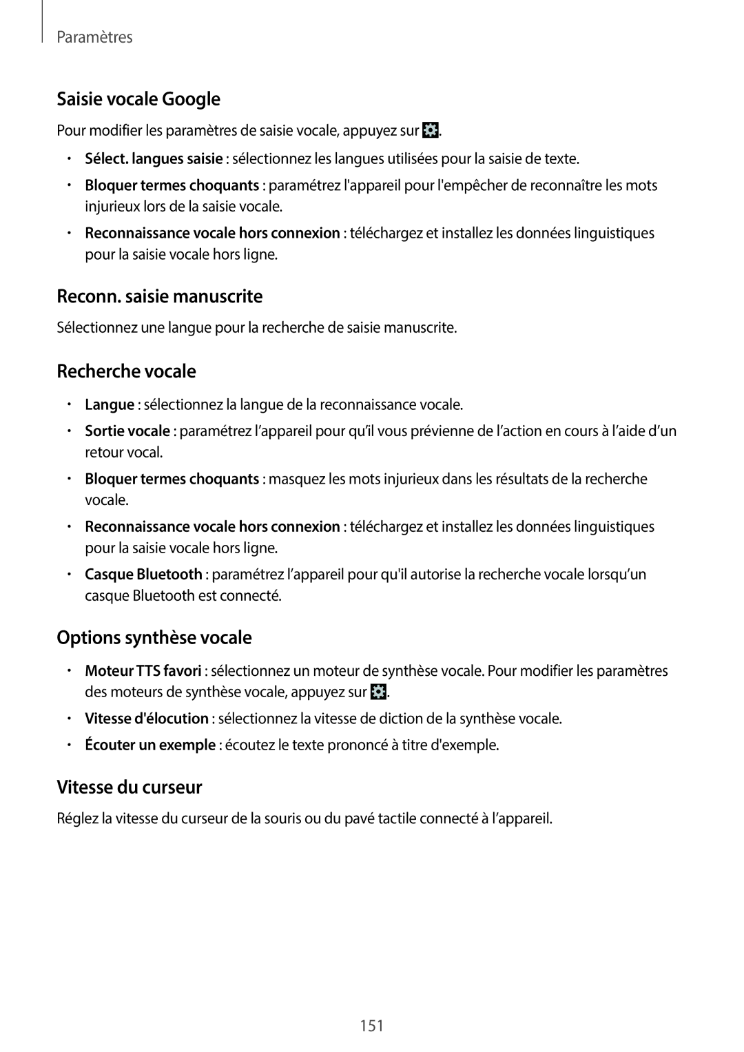 Samsung SM-N7505ZKGBOG manual Saisie vocale Google, Reconn. saisie manuscrite, Recherche vocale, Options synthèse vocale 