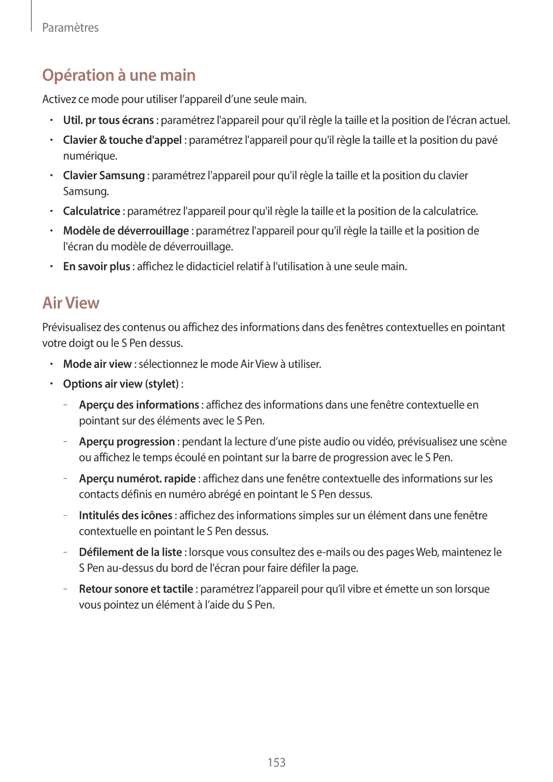 Samsung SM-N7505ZKAXEF, SM-N7505ZKGSFR, SM-N7505ZWGXEF manual Opération à une main, Air View, Options air view stylet 