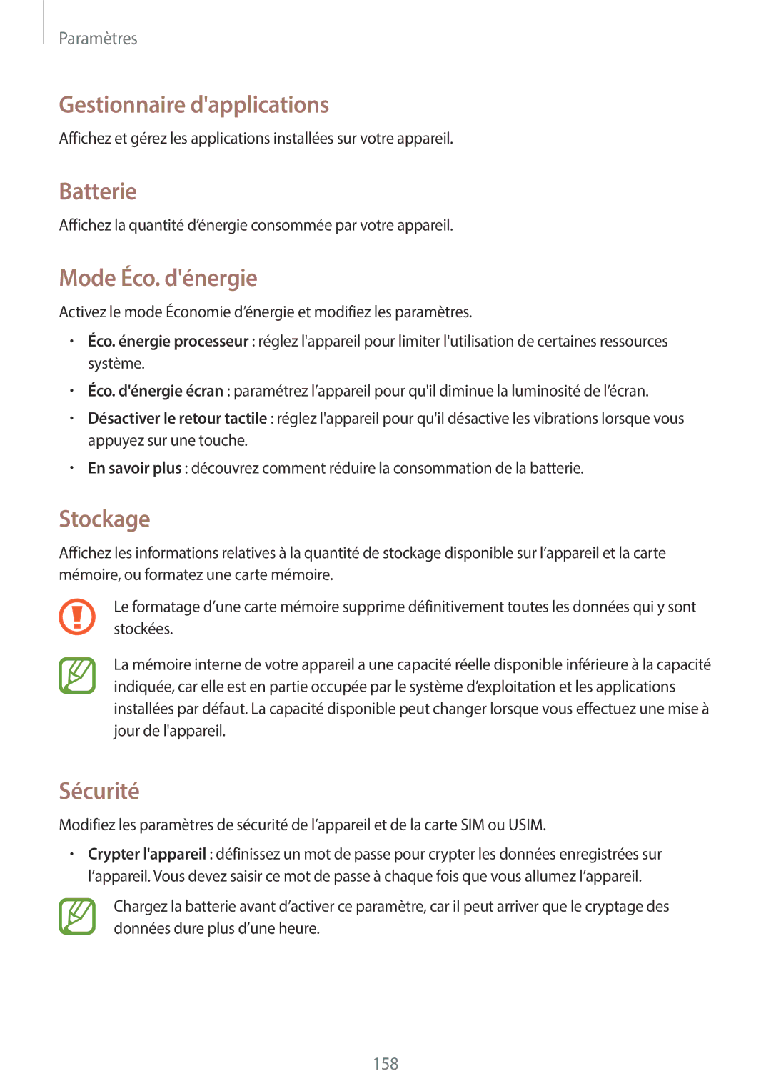 Samsung SM-N7505ZKGBOG, SM-N7505ZKGSFR manual Gestionnaire dapplications, Batterie, Mode Éco. dénergie, Stockage, Sécurité 