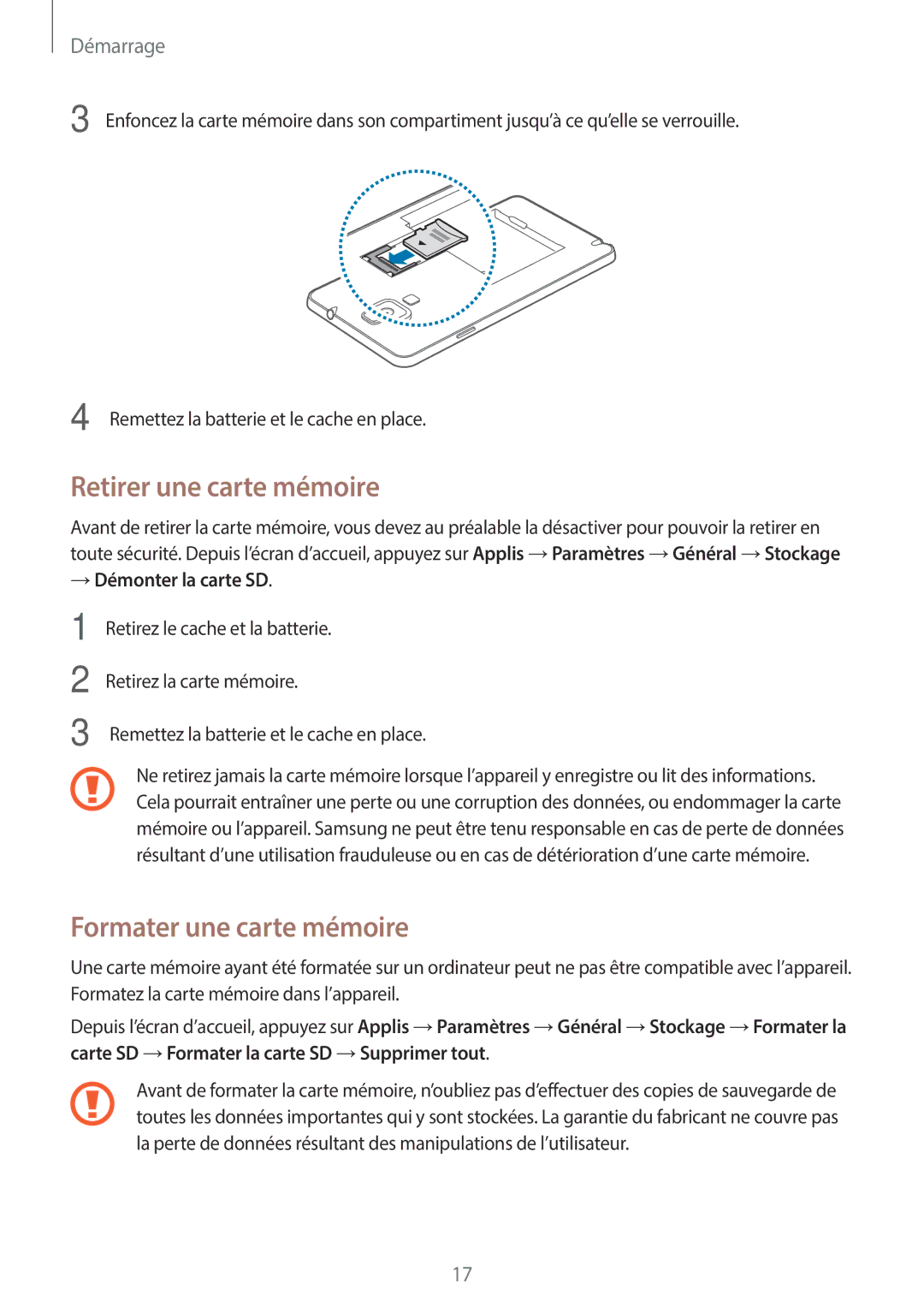 Samsung SM-N7505ZKGXEF, SM-N7505ZKGSFR manual Retirer une carte mémoire, Formater une carte mémoire, → Démonter la carte SD 