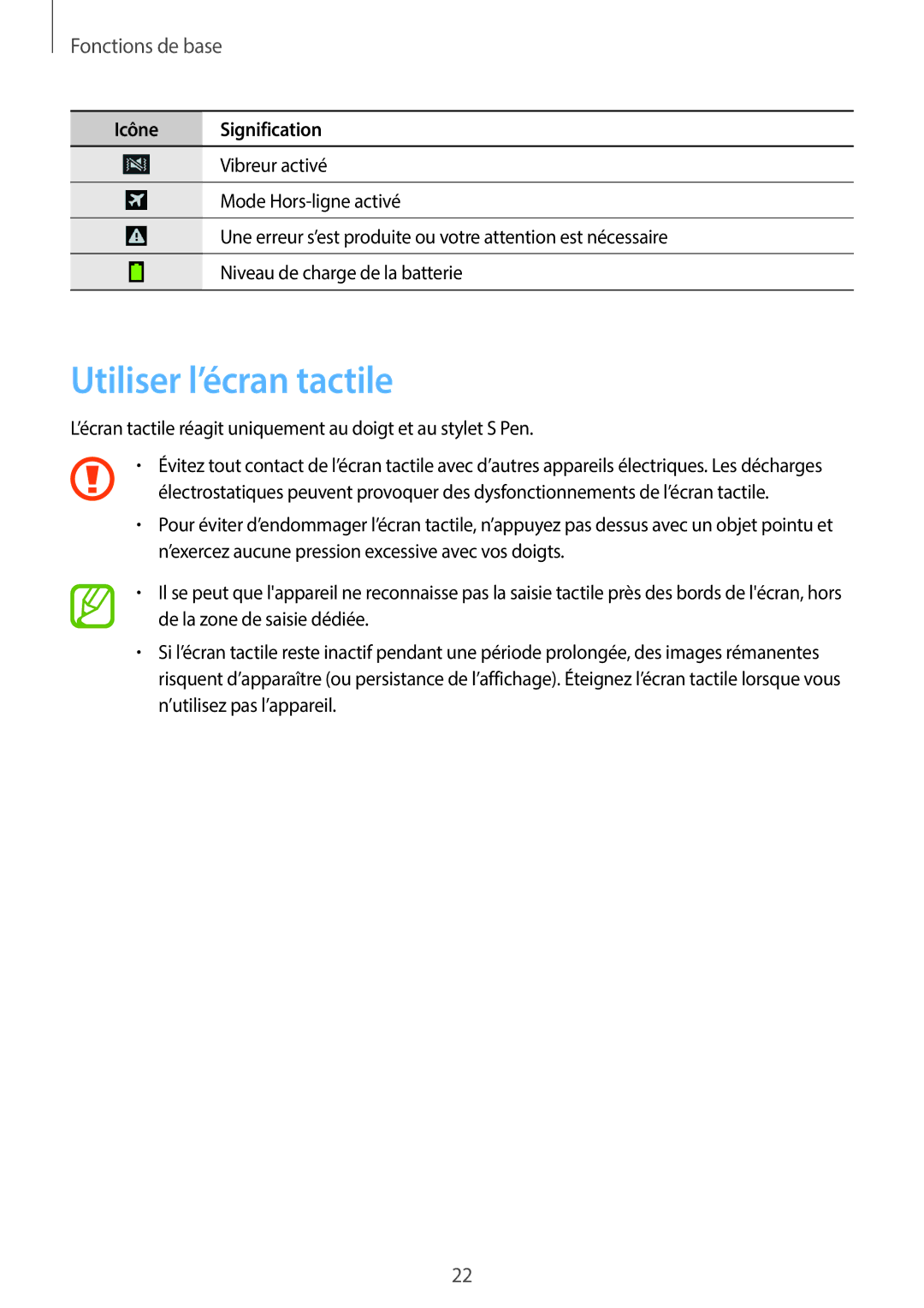 Samsung SM-N7505ZWGXEF, SM-N7505ZKGSFR, SM-N7505ZWGSFR, SM-N7505ZKGXEF manual Utiliser l’écran tactile, Fonctions de base 