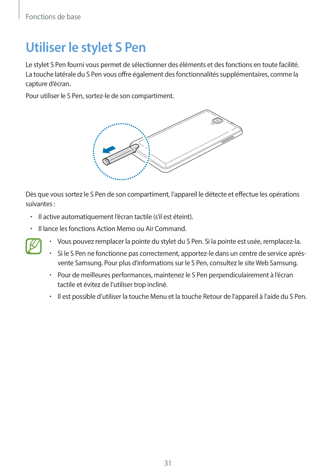 Samsung SM-N7505ZKGXEF, SM-N7505ZKGSFR, SM-N7505ZWGXEF, SM-N7505ZWGSFR, SM-N7505ZKGBOG manual Utiliser le stylet S Pen 