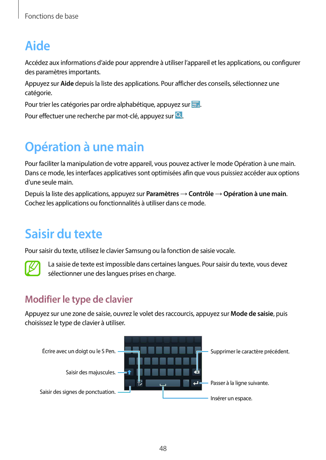 Samsung SM-N7505ZKAXEF, SM-N7505ZKGSFR manual Aide, Opération à une main, Saisir du texte, Modifier le type de clavier 