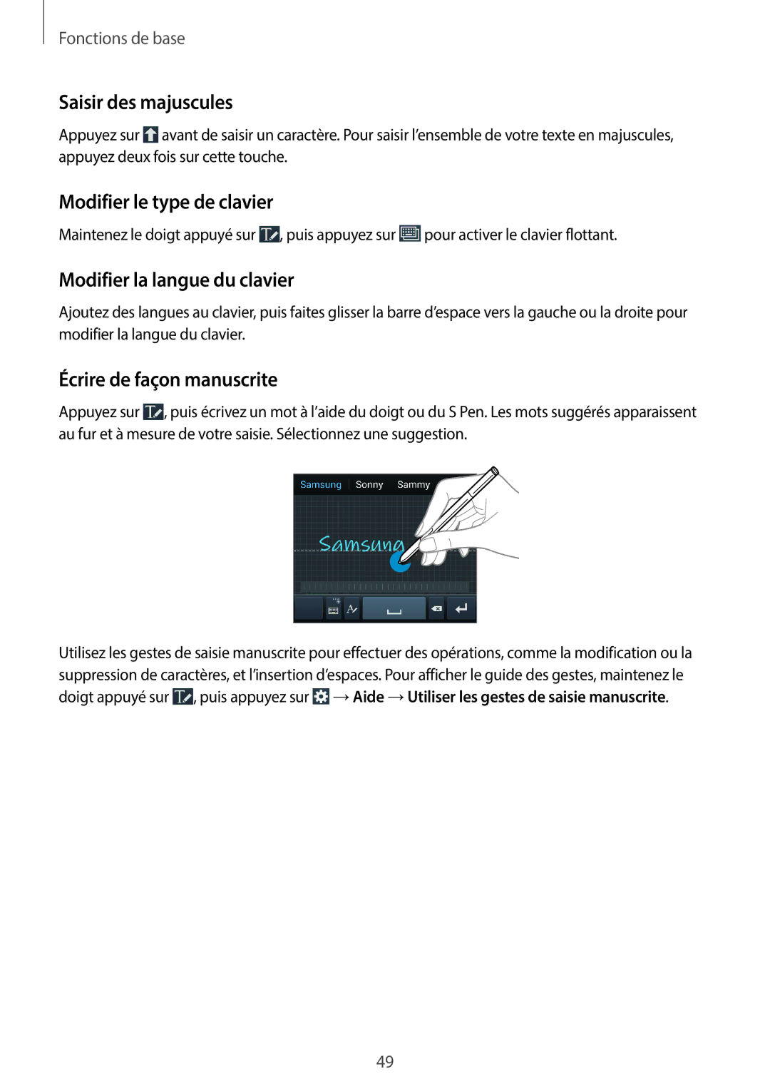 Samsung SM-N7505ZKGSFR, SM-N7505ZWGXEF Saisir des majuscules, Modifier le type de clavier, Modifier la langue du clavier 