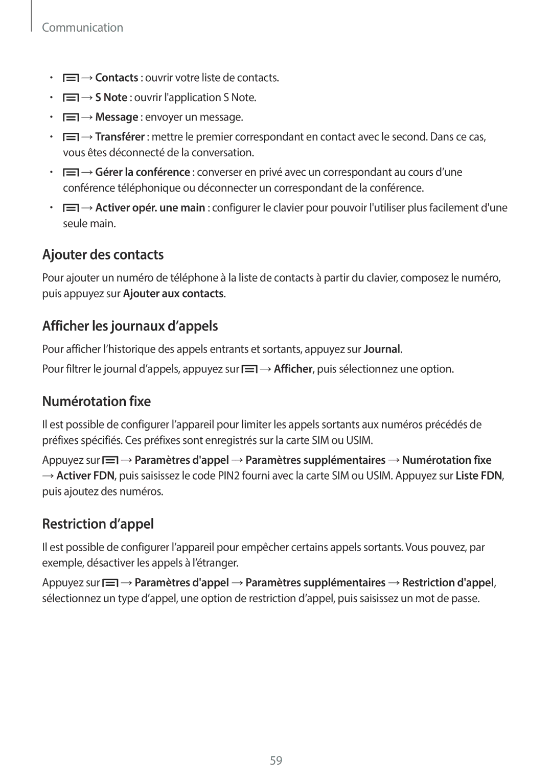 Samsung SM-N7505ZKGXEF manual Ajouter des contacts, Afficher les journaux d’appels, Numérotation fixe, Restriction d’appel 