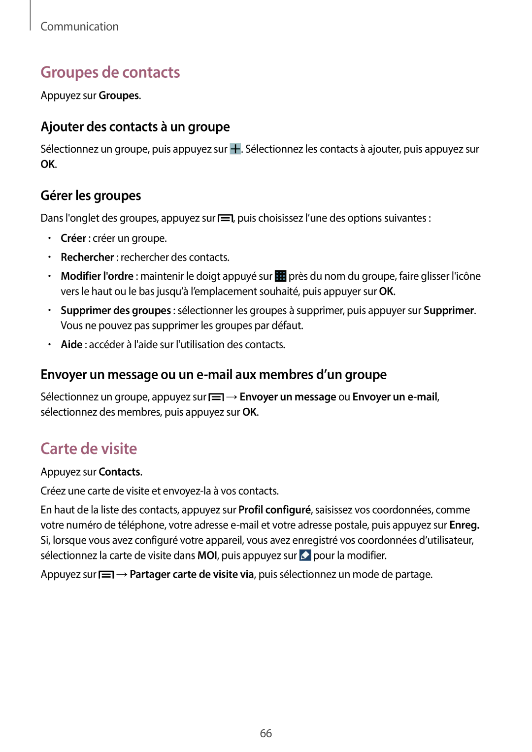 Samsung SM-N7505ZKGXEF manual Groupes de contacts, Carte de visite, Ajouter des contacts à un groupe, Gérer les groupes 