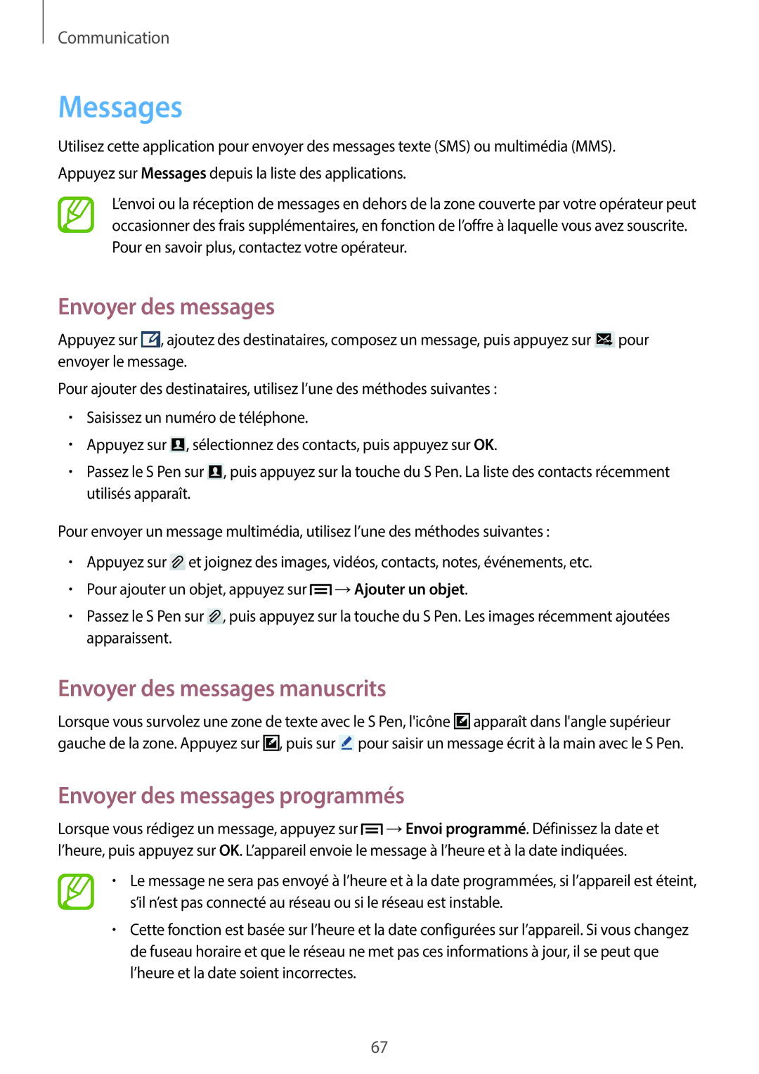 Samsung SM-N7505ZKGBOG, SM-N7505ZKGSFR manual Messages, Envoyer des messages manuscrits, Envoyer des messages programmés 