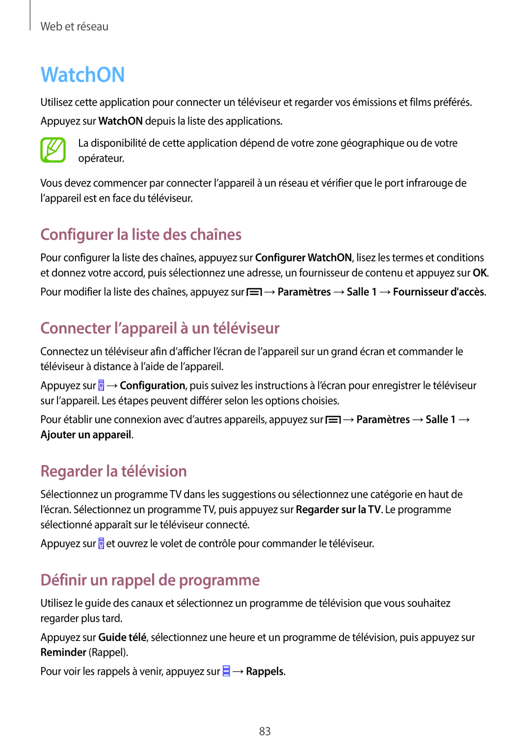 Samsung SM-N7505ZKAXEF, SM-N7505ZKGSFR manual WatchON, Configurer la liste des chaînes, Connecter l’appareil à un téléviseur 