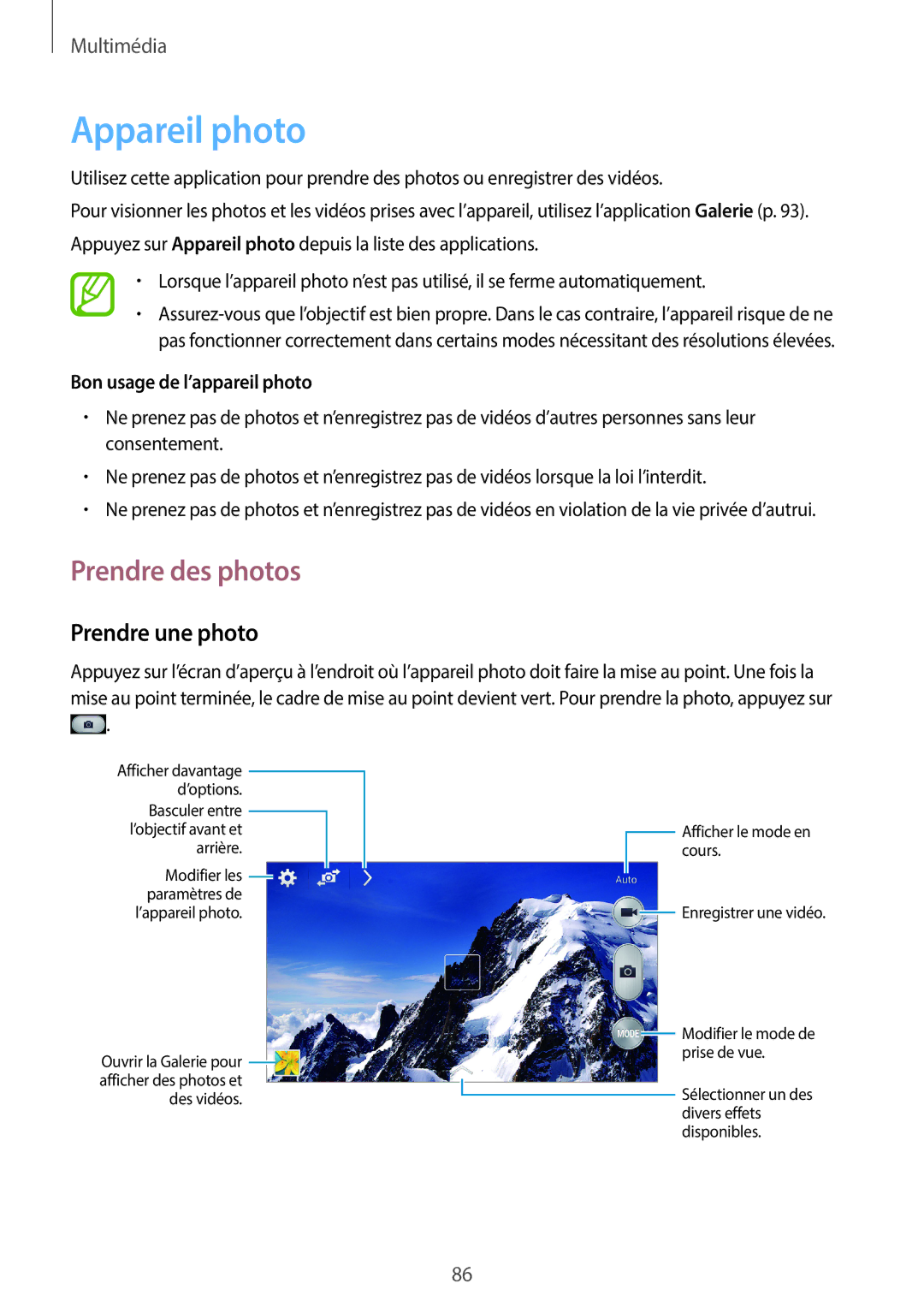 Samsung SM-N7505ZWGSFR manual Appareil photo, Prendre des photos, Prendre une photo, Bon usage de l’appareil photo 