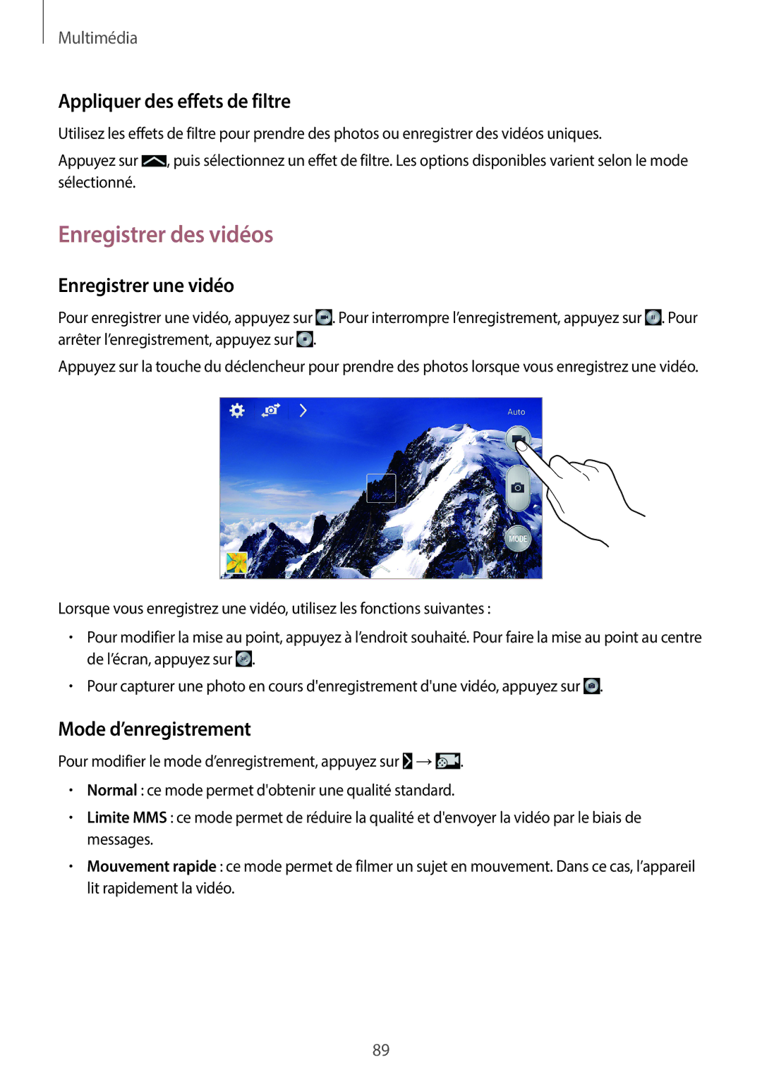 Samsung SM-N7505ZWAXEF, SM-N7505ZKGSFR manual Enregistrer des vidéos, Appliquer des effets de filtre, Enregistrer une vidéo 