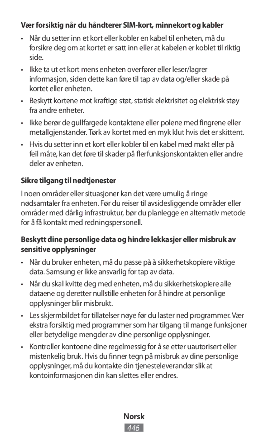 Samsung GT-I9300MBIAFR manual Vær forsiktig når du håndterer SIM-kort, minnekort og kabler, Sikre tilgang til nødtjenester 