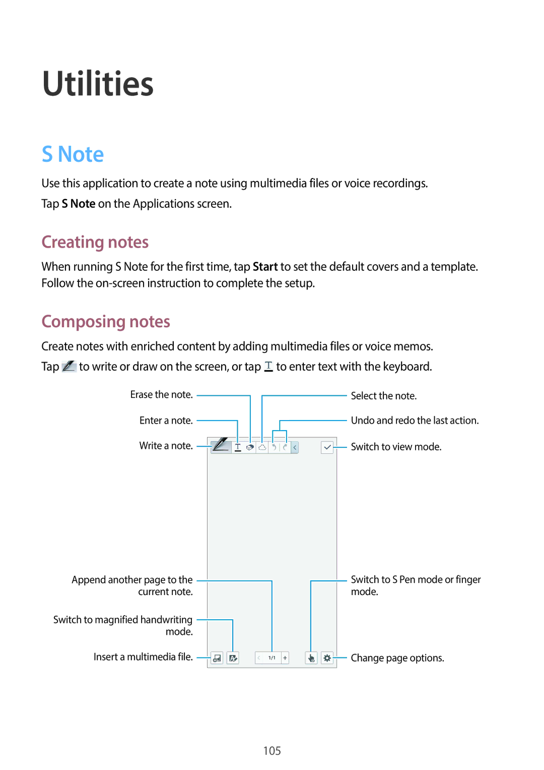 Samsung SM-N7505ZKAXEO, SM-N7505ZWATPH, SM-N7505ZKAMEO, SM-N7505ZKADBT manual Utilities, Creating notes, Composing notes 