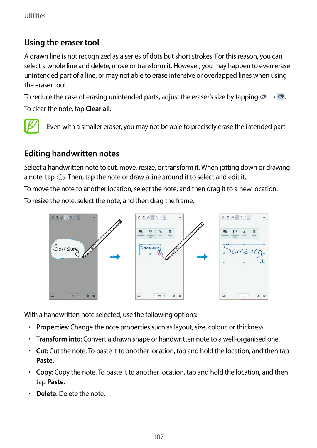 Samsung SM-N7505ZKADBT, SM-N7505ZWATPH, SM-N7505ZKAXEO, SM-N7505ZKAMEO manual Using the eraser tool, Editing handwritten notes 