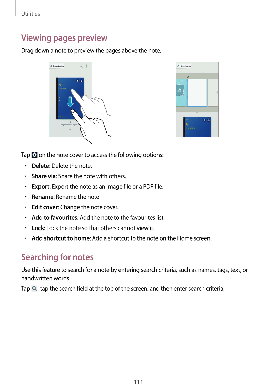 Samsung SM-N7505ZWADBT, SM-N7505ZWATPH, SM-N7505ZKAXEO, SM-N7505ZKAMEO manual Viewing pages preview, Searching for notes 