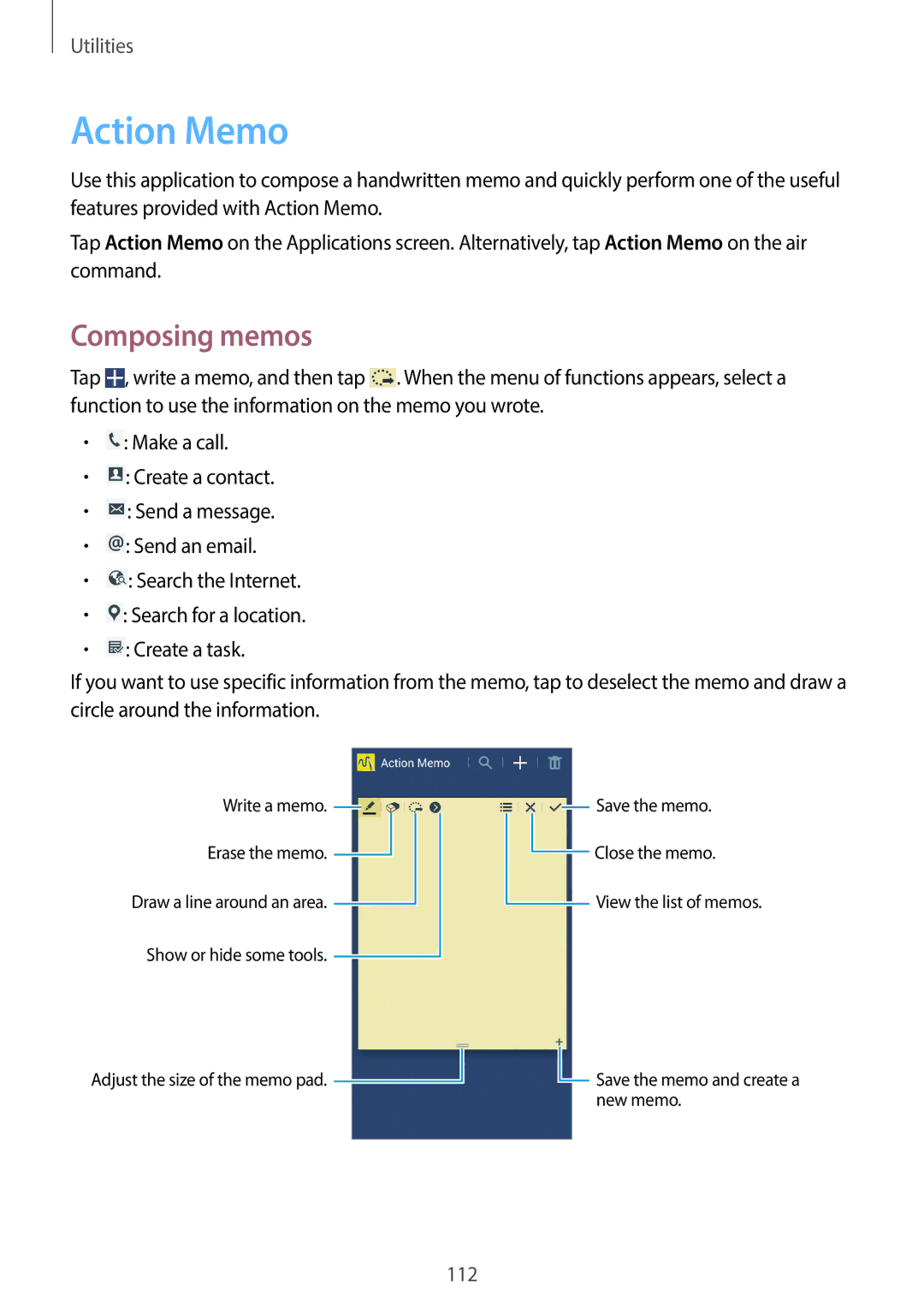 Samsung SM-N7505ZGADBT, SM-N7505ZWATPH, SM-N7505ZKAXEO, SM-N7505ZKAMEO, SM-N7505ZKADBT manual Action Memo, Composing memos 