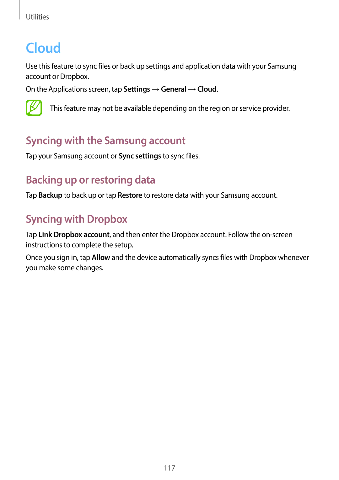 Samsung SM-N7505ZKGBOG manual Cloud, Syncing with the Samsung account, Backing up or restoring data, Syncing with Dropbox 