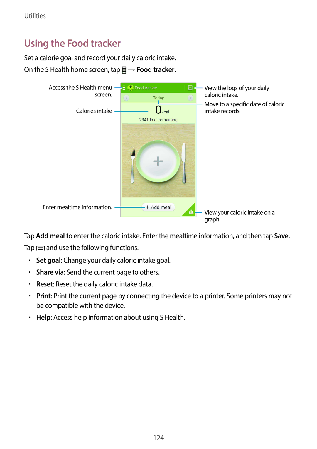 Samsung SM-N7505ZKAXEH Using the Food tracker, Set a calorie goal and record your daily caloric intake, →Food tracker 