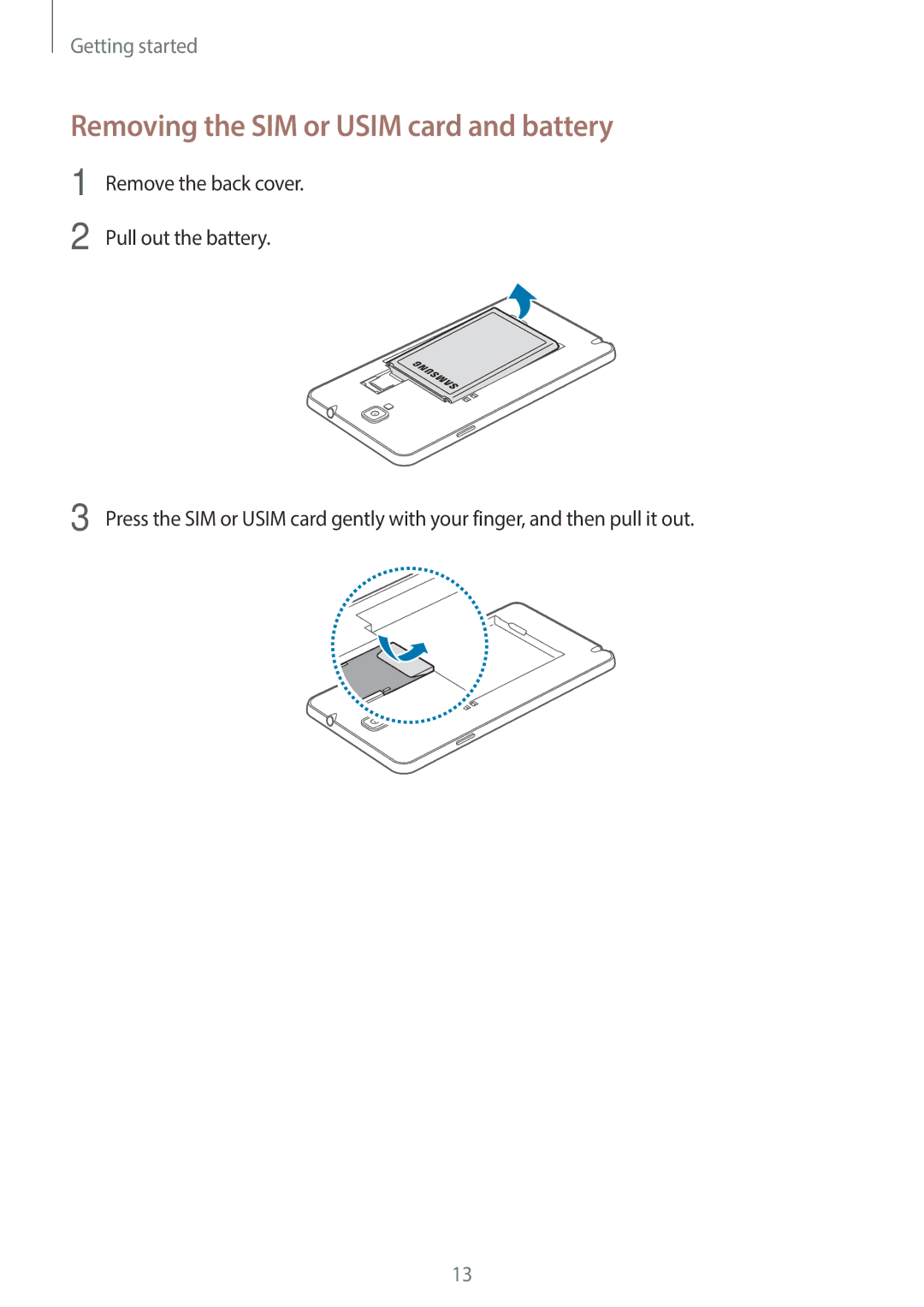 Samsung SM-N7505ZKGBOG, SM-N7505ZWATPH, SM-N7505ZKAXEO, SM-N7505ZKAMEO manual Removing the SIM or Usim card and battery 