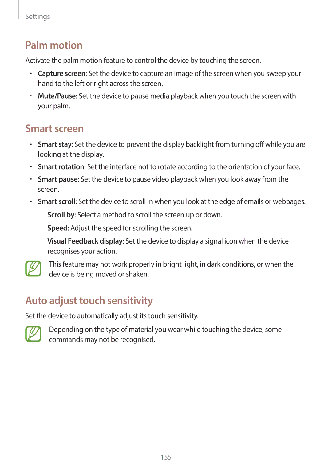 Samsung SM-N7505ZGASER, SM-N7505ZWATPH, SM-N7505ZKAXEO manual Palm motion, Smart screen, Auto adjust touch sensitivity 