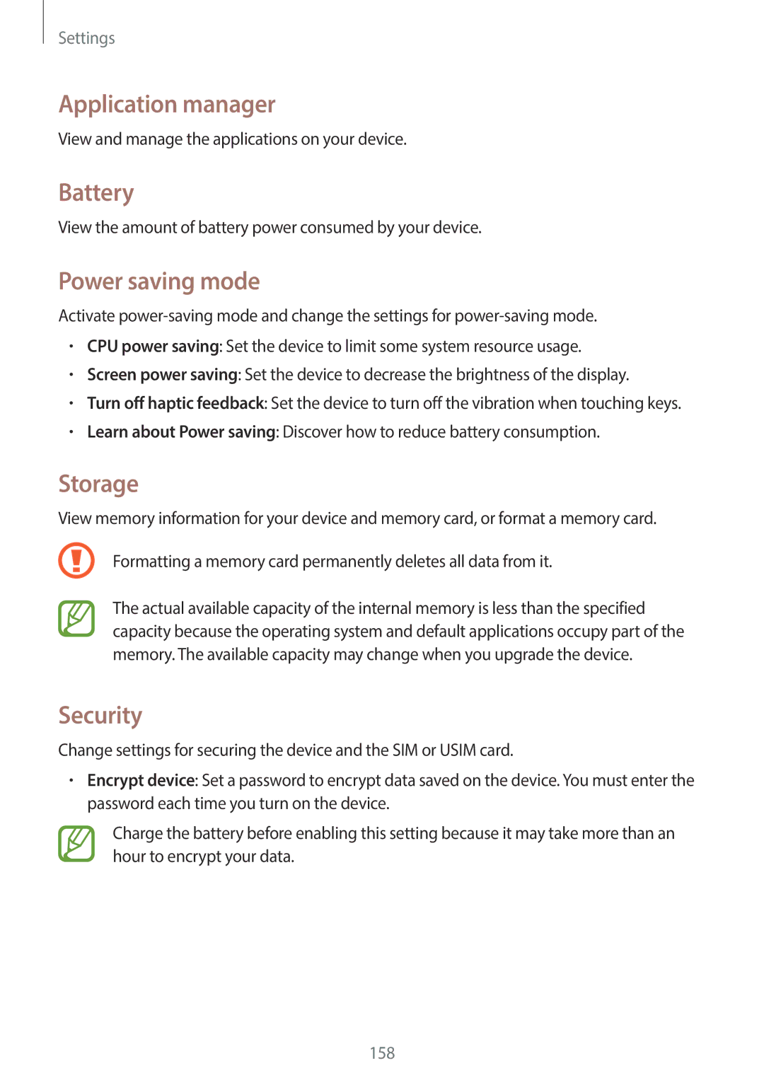 Samsung SM-N7505ZKAMEO, SM-N7505ZWATPH, SM-N7505ZKAXEO Application manager, Battery, Power saving mode, Storage, Security 