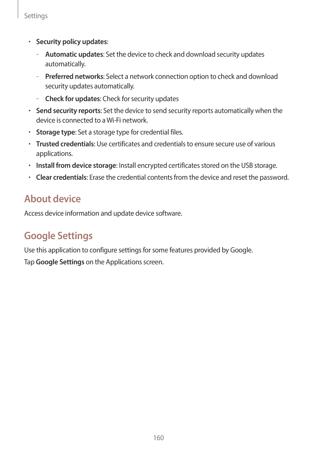 Samsung SM-N7505ZWAVIA, SM-N7505ZWATPH, SM-N7505ZKAXEO manual About device, Google Settings, Security policy updates 