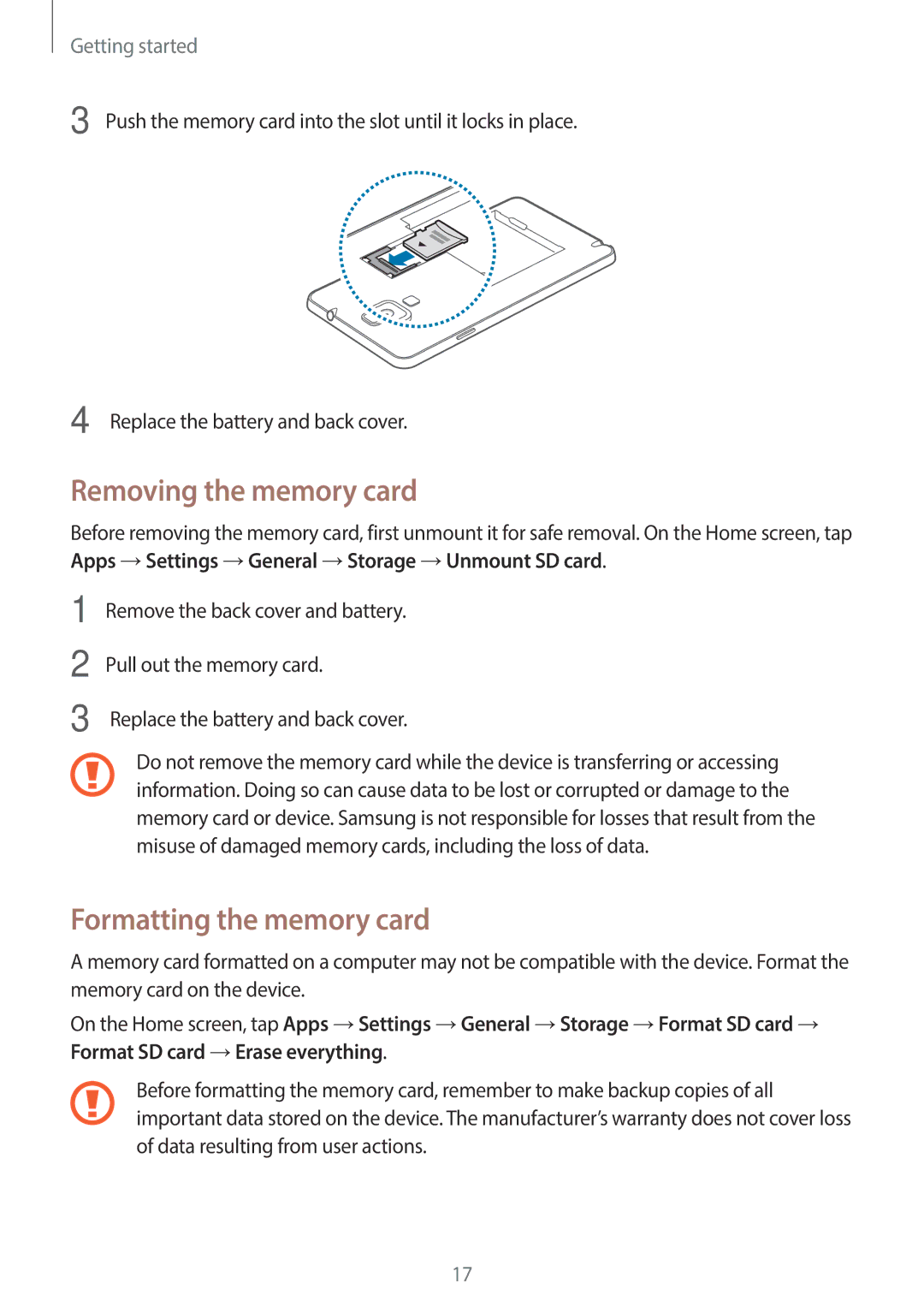 Samsung SM-N7505ZKASWC, SM-N7505ZWATPH, SM-N7505ZKAXEO, SM-N7505ZKAMEO Removing the memory card, Formatting the memory card 