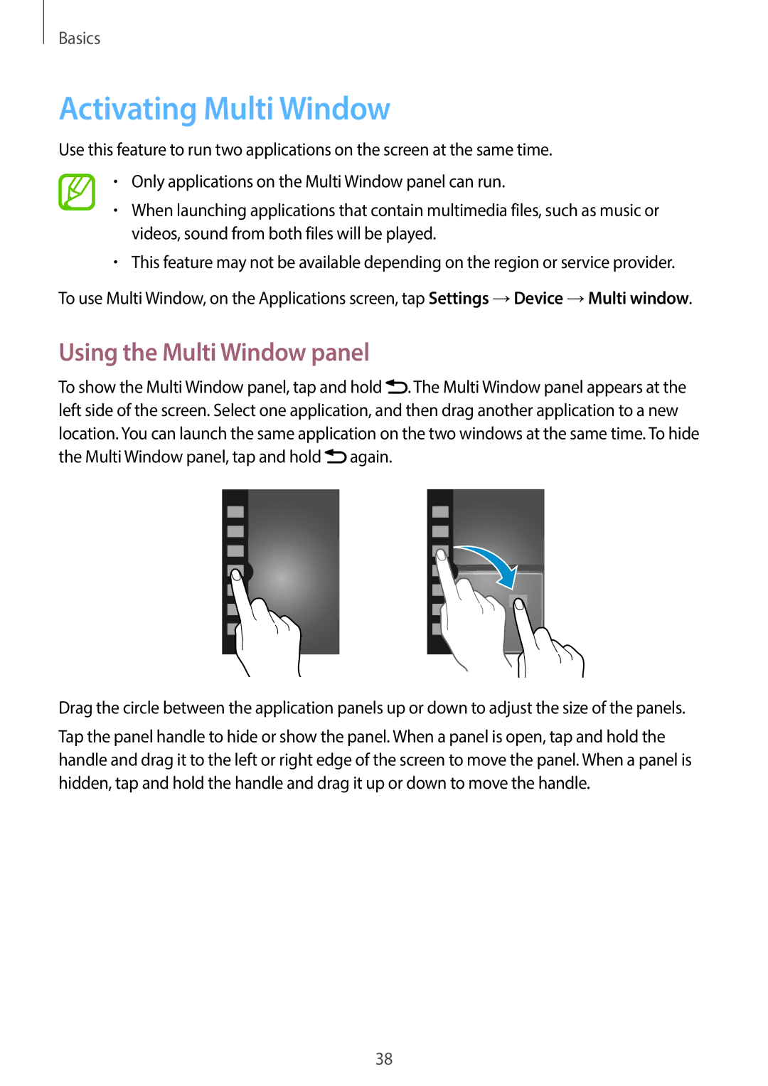 Samsung SM-N7505ZKANEE, SM-N7505ZWATPH, SM-N7505ZKAXEO, SM-N7505ZKAMEO Activating Multi Window, Using the Multi Window panel 