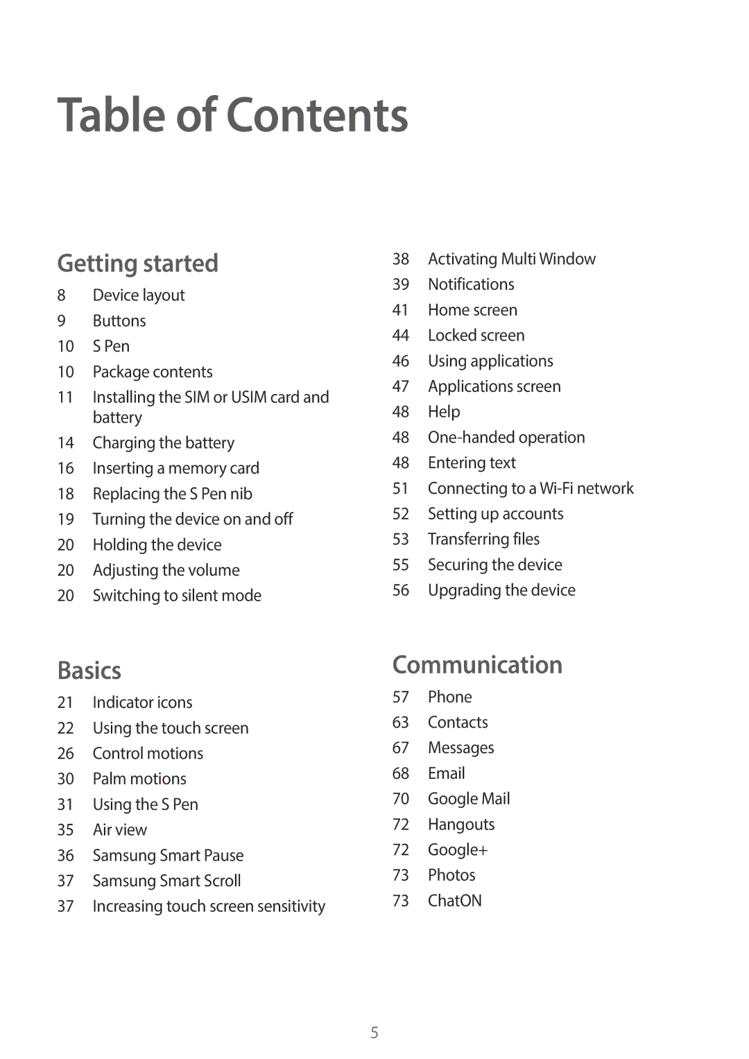 Samsung SM-N7505ZKASEB, SM-N7505ZWATPH, SM-N7505ZKAXEO, SM-N7505ZKAMEO, SM-N7505ZKADBT, SM-N7505ZWAVIA manual Table of Contents 