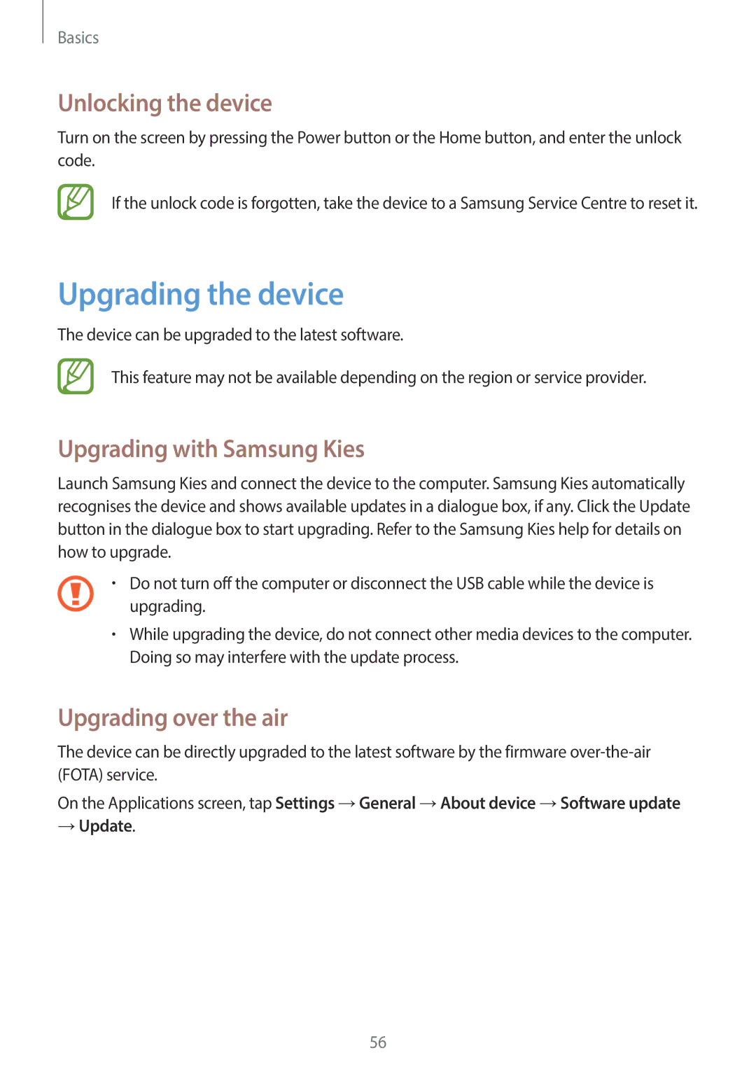 Samsung SM-N7505ZWAVIA Upgrading the device, Unlocking the device, Upgrading with Samsung Kies, Upgrading over the air 