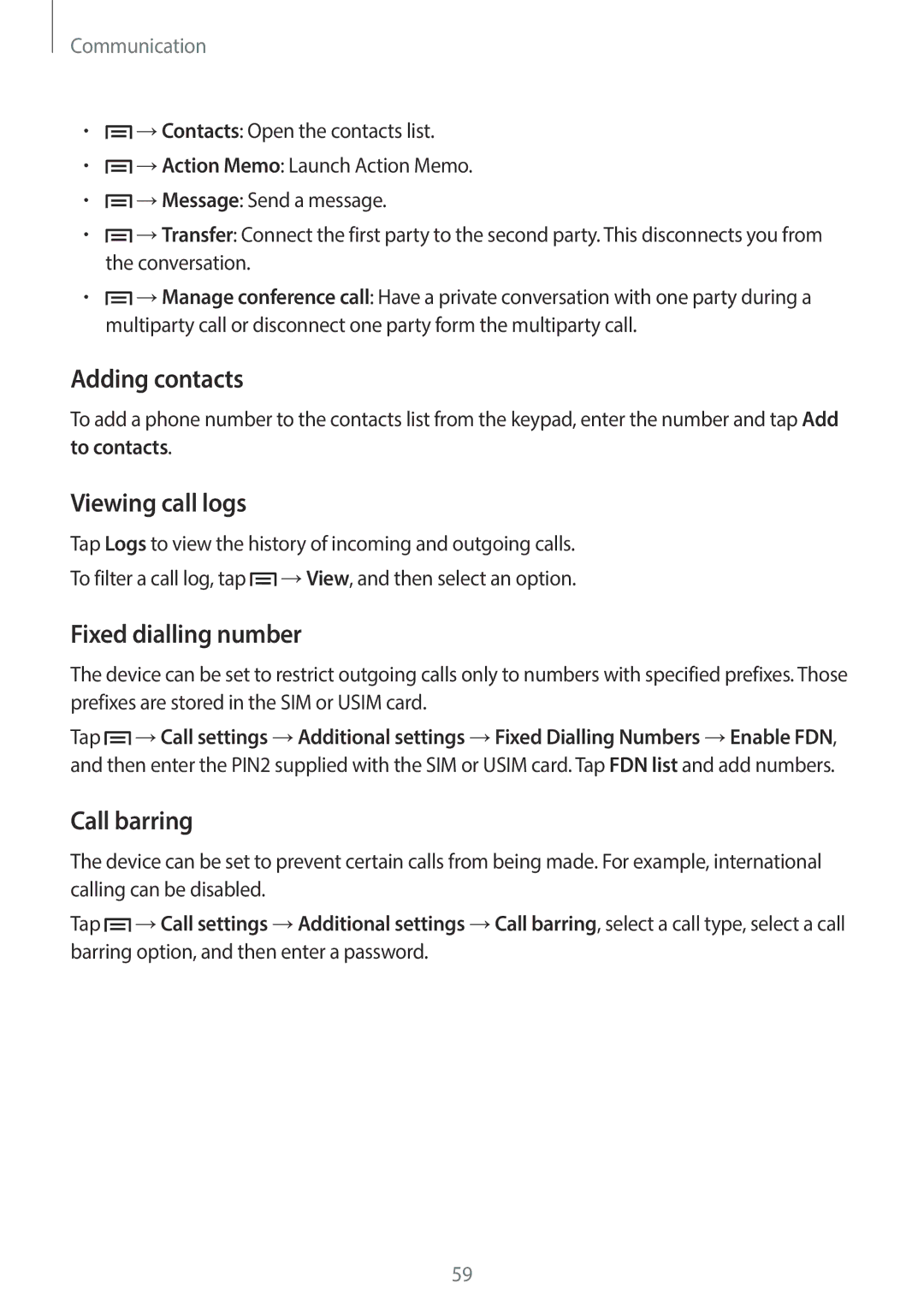 Samsung SM-N7505ZWADBT, SM-N7505ZWATPH manual Adding contacts, Viewing call logs, Fixed dialling number, Call barring 