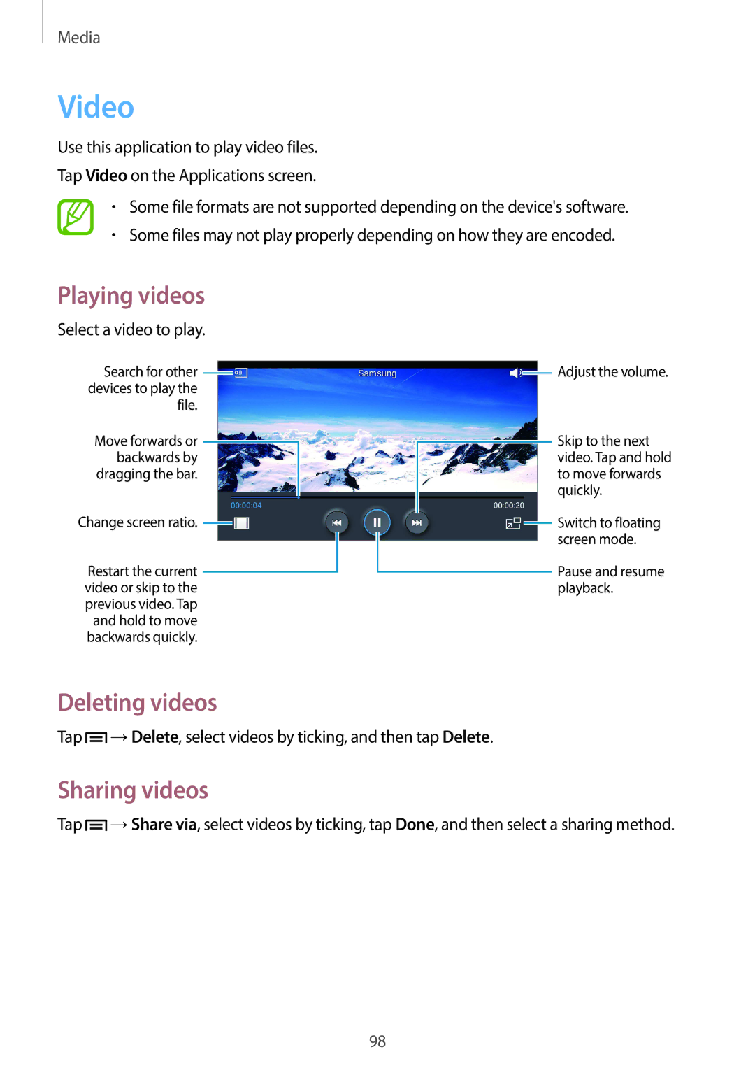 Samsung SM-N7505ZKAPTR, SM-N7505ZWATPH, SM-N7505ZKAXEO manual Video, Deleting videos, Sharing videos, Select a video to play 
