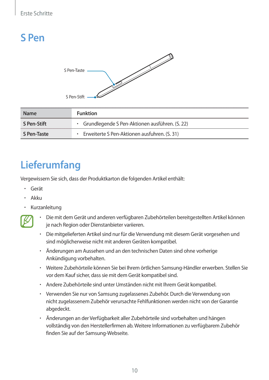 Samsung SM-N7505ZWATPH, SM-N7505ZKAXEO, SM-N7505ZKAMEO, SM-N7505ZKADBT Lieferumfang, Name Funktion Pen-Stift, Pen-Taste 