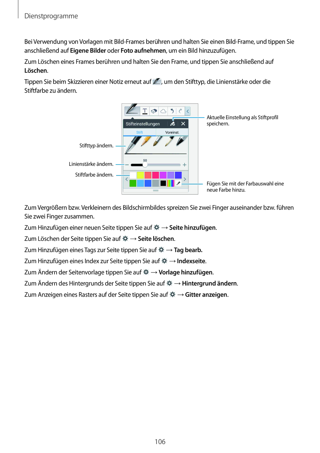 Samsung SM-N7505ZWAMEO, SM-N7505ZWATPH, SM-N7505ZKAXEO manual →Seite hinzufügen, →Tag bearb, →Indexseite, →Gitter anzeigen 